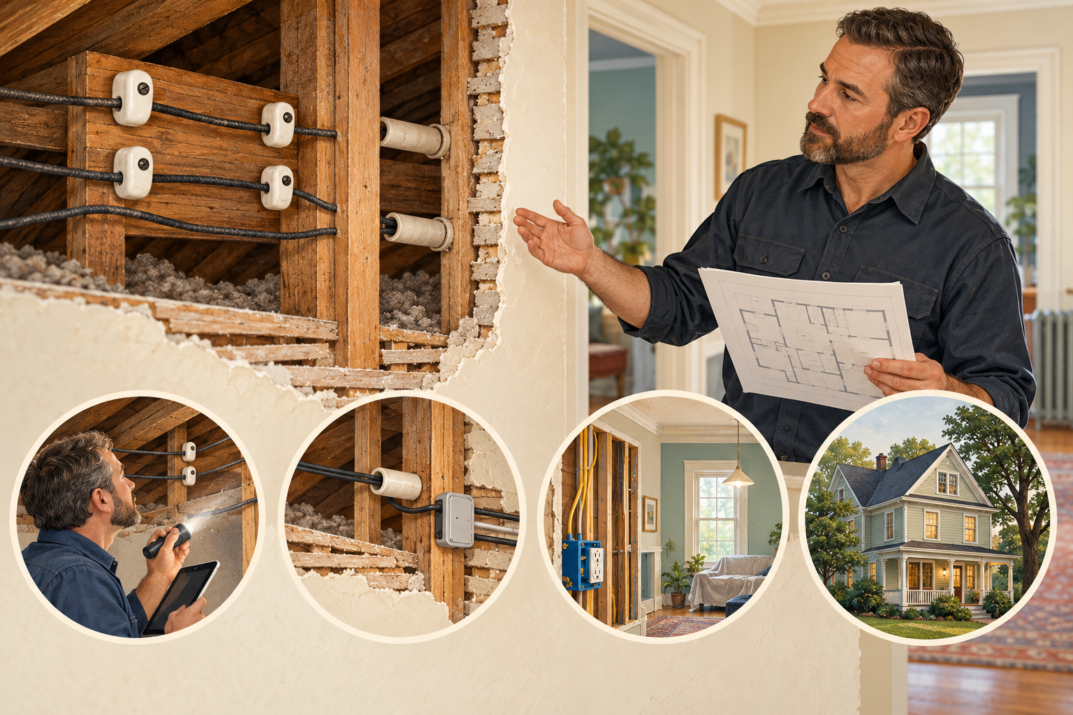 Historic house wiring assessment options: a licensed electrician reviews the system before targeted correction, partial rewiring, or whole-house work is scoped.