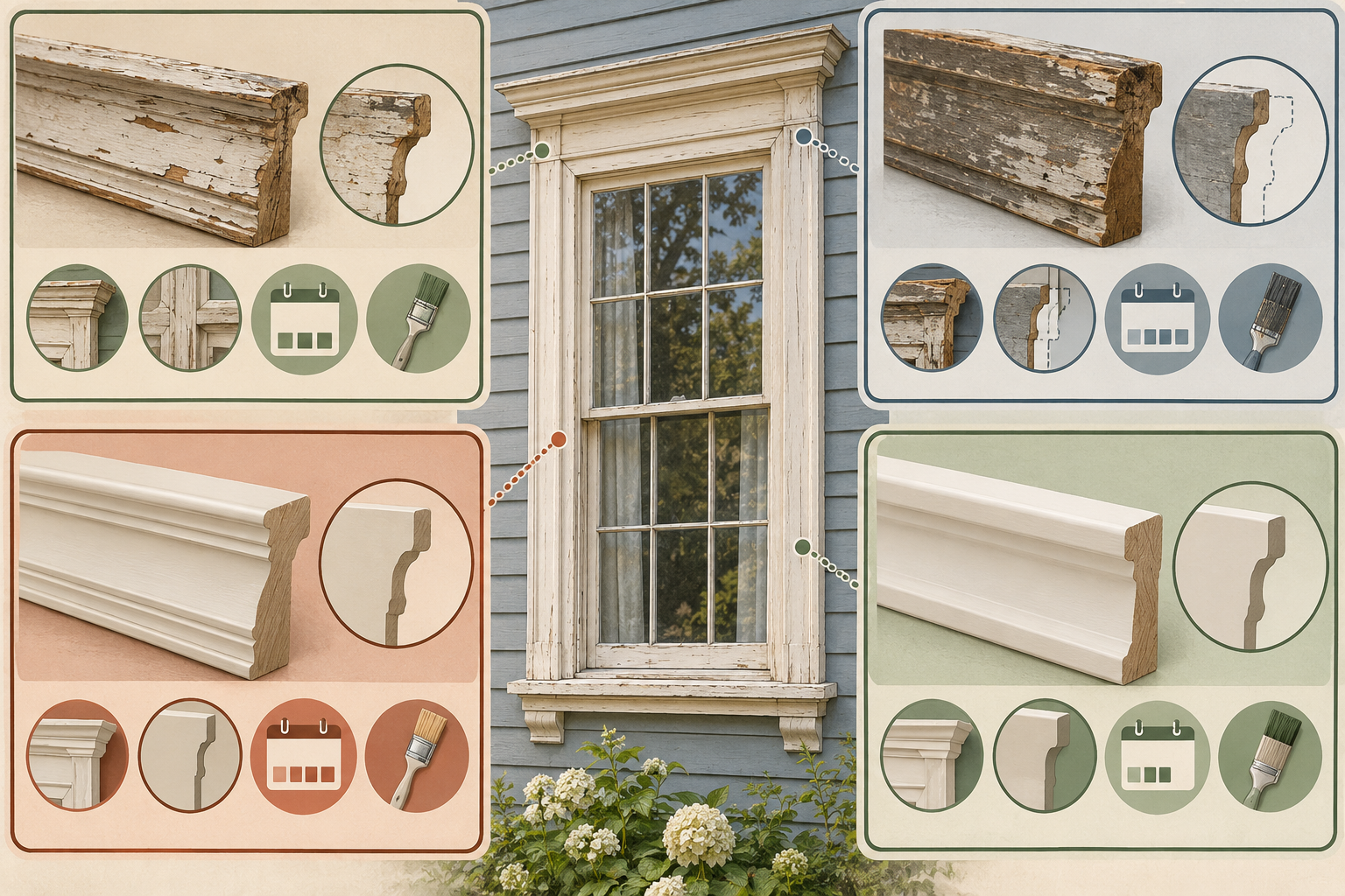 Four material choices for an old house: reused original fabric, architectural salvage, custom reproduction, and compatible modern substitute.