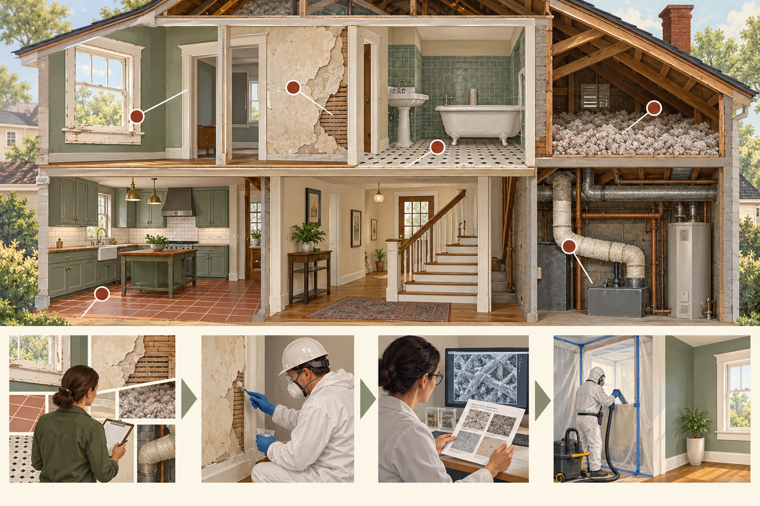A pre-disturbance planning map highlights old-house materials a qualified professional may need to assess before the project selects its work sequence.