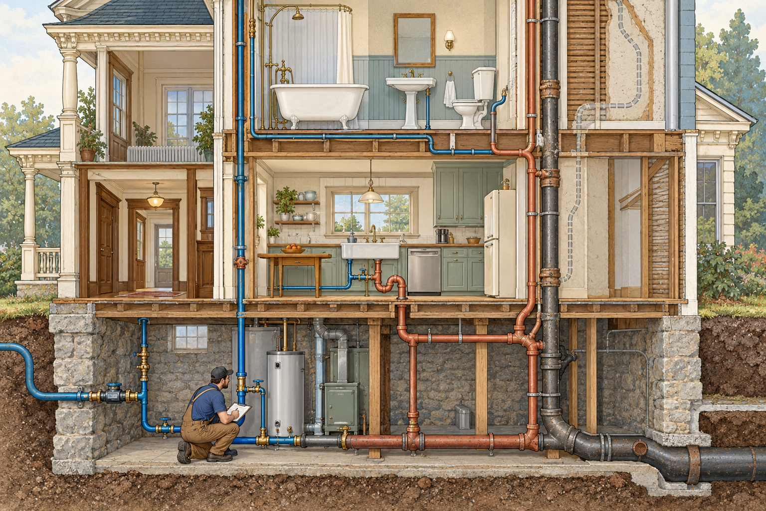 A historic-house plumbing map with distinct supply and drain routes, several generations of pipe, and service points for a plumber to assess.