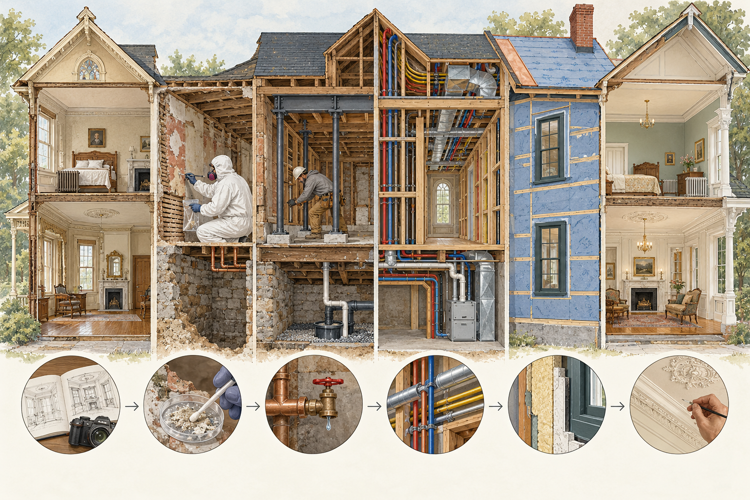A historic-house modernization sequence from documenting conditions and controlling hazards through coordinated hidden work and finish restoration.