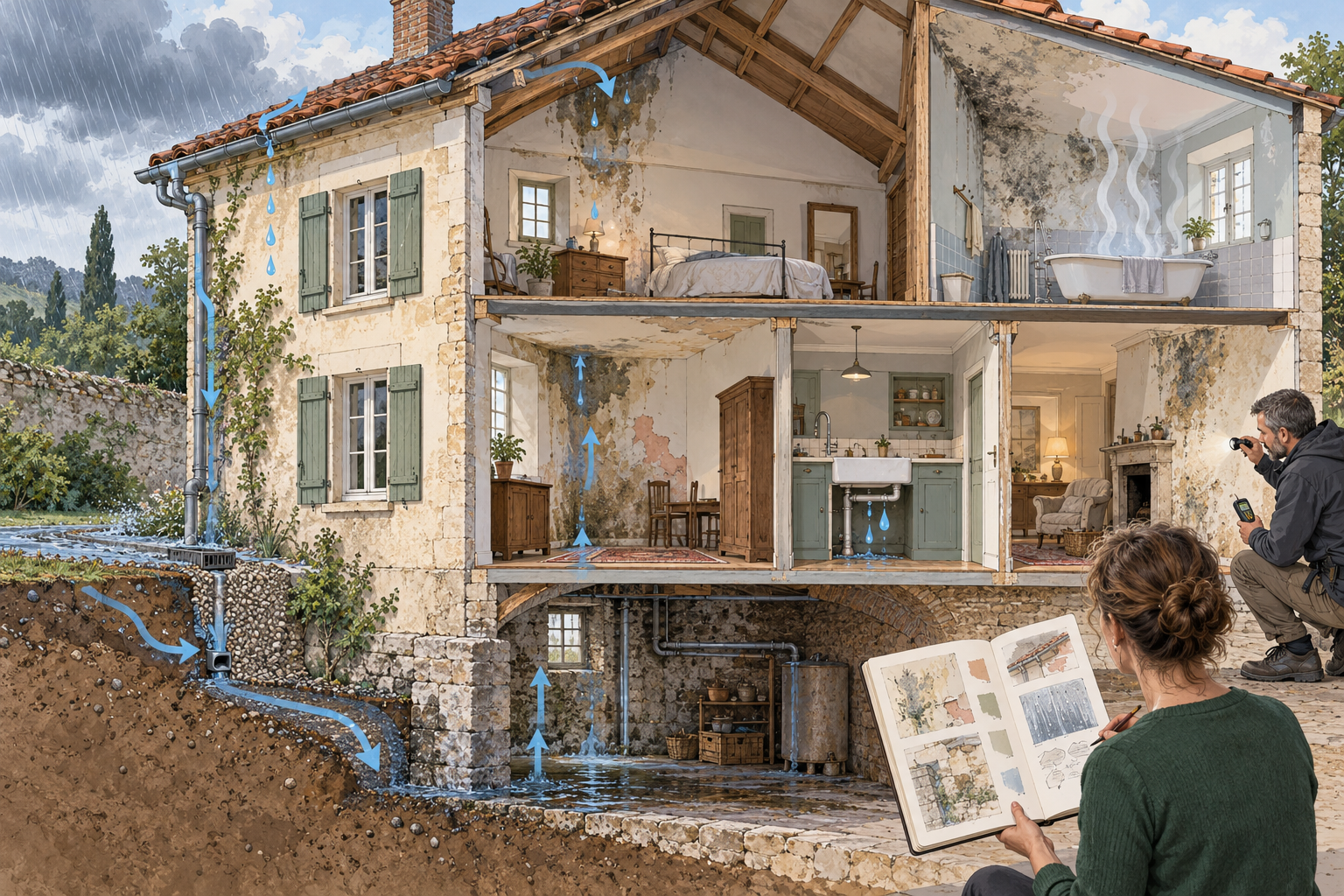 A historic-house cutaway showing roof runoff, ground moisture, plumbing leaks, and indoor condensation as separate possible moisture sources to investigate.