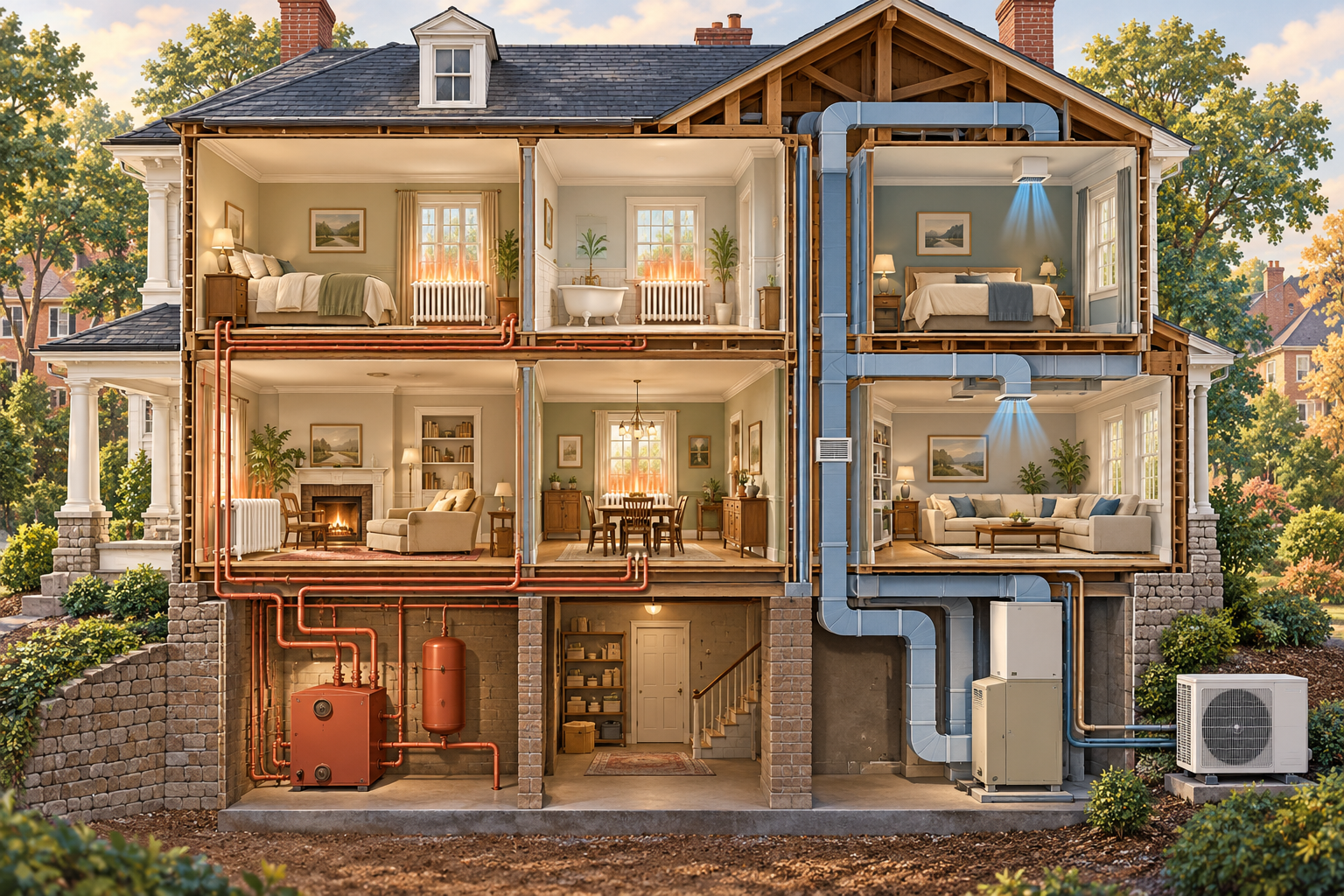 A historic home comparing central equipment with retained radiators against a modern HVAC route, showing the heat source and distribution as separate choices.