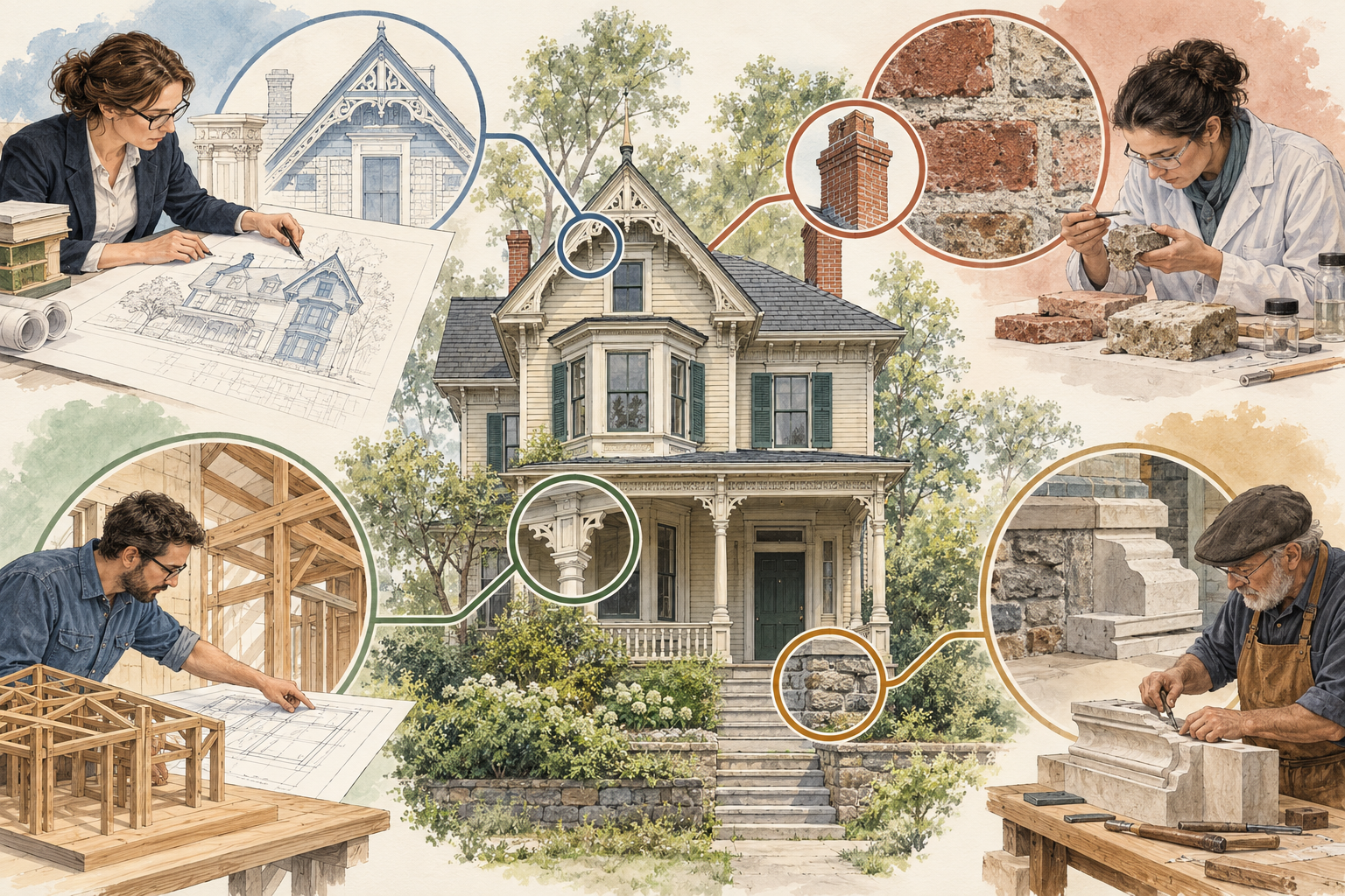 A preservation architect, conservator, structural engineer, and specialist craftsperson matched to different old-house decisions.