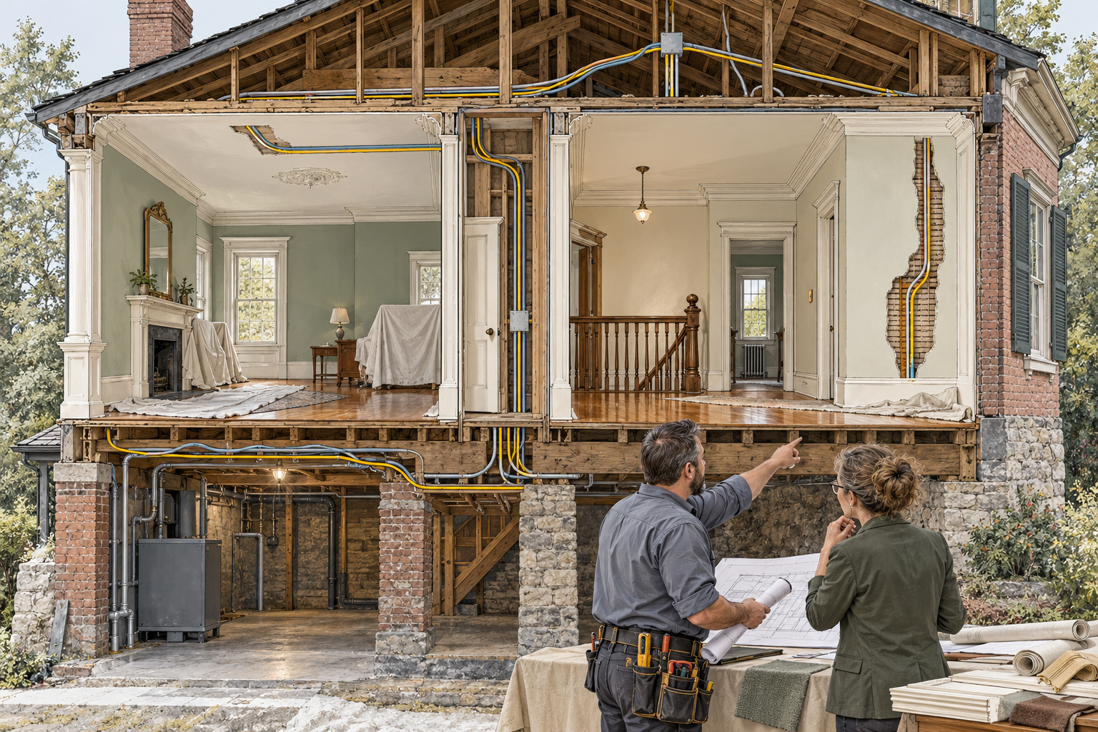 A historic house with possible electrician access through attics, basements, chases, and selective openings, alongside the plaster, floor, trim, and masonry restoration each route may affect.