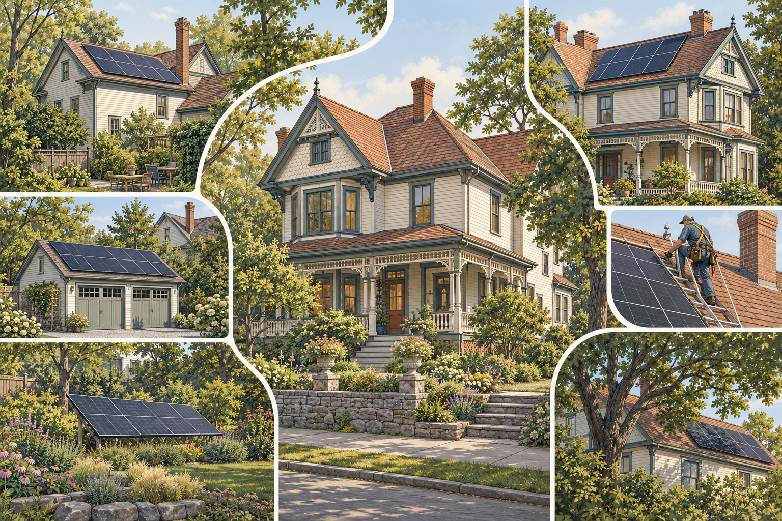 Solar siting alternatives for a historic home: a visible front roof, a less-visible rear roof, and a detached or ground-mounted array, with roof service access considered.