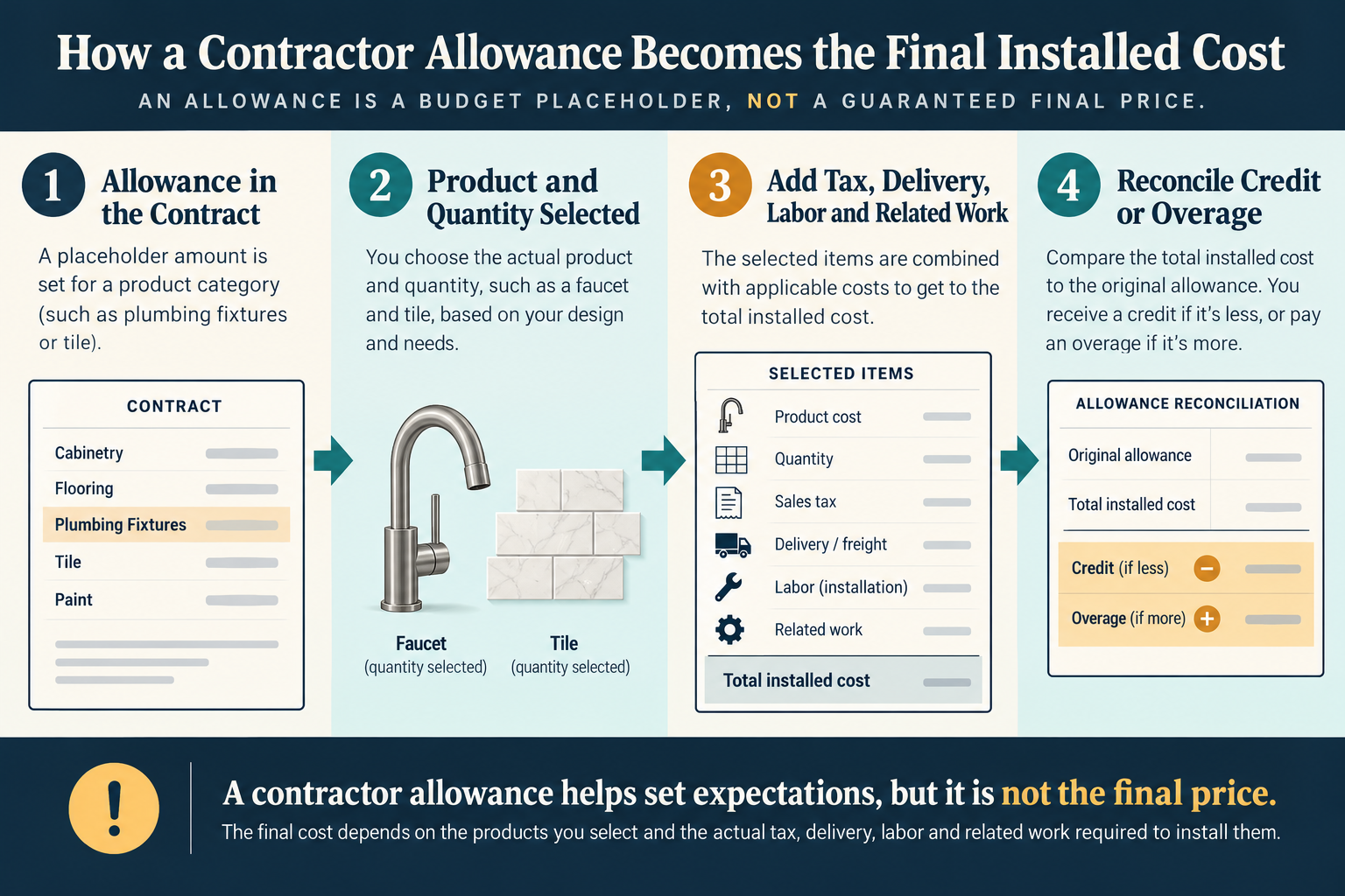 How a placeholder allowance is reconciled into the selected and installed cost.