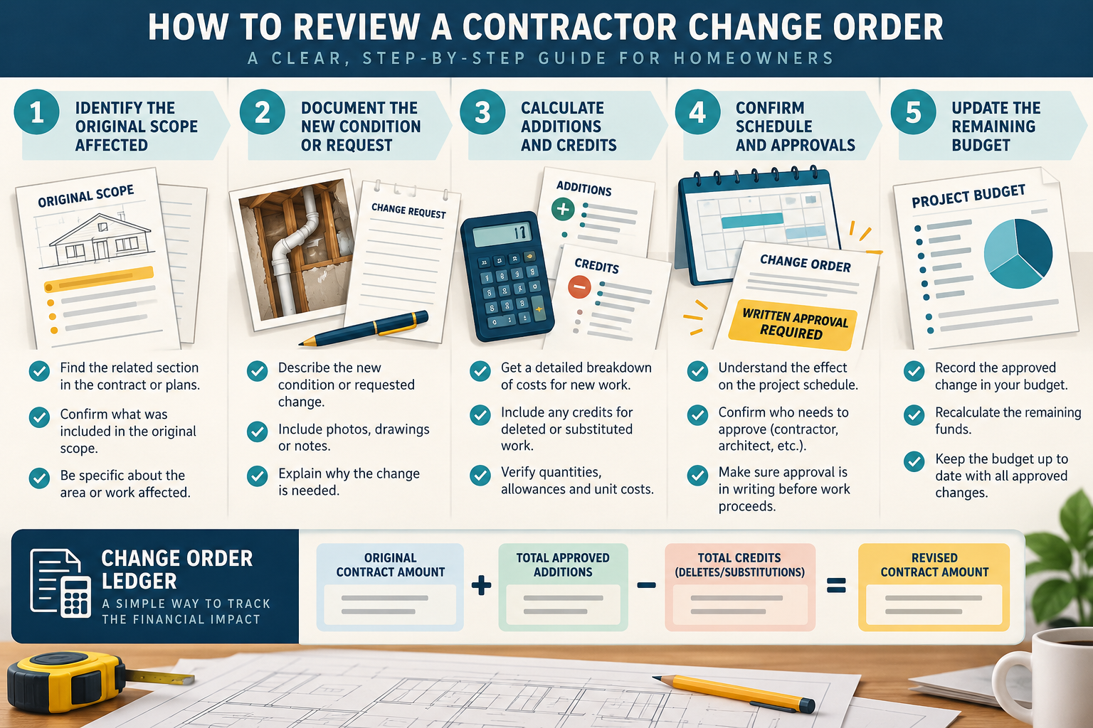 A review sequence for documenting a change, confirming its cost and timing, and updating the budget.