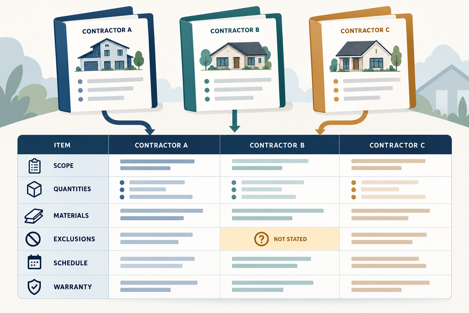 A comparison worksheet aligns proposals by scope, quantities, materials, exclusions, schedule, and warranty.