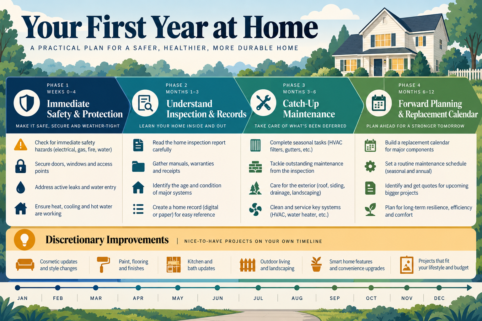 First-year priorities move from safety and understanding to maintenance and forward planning.