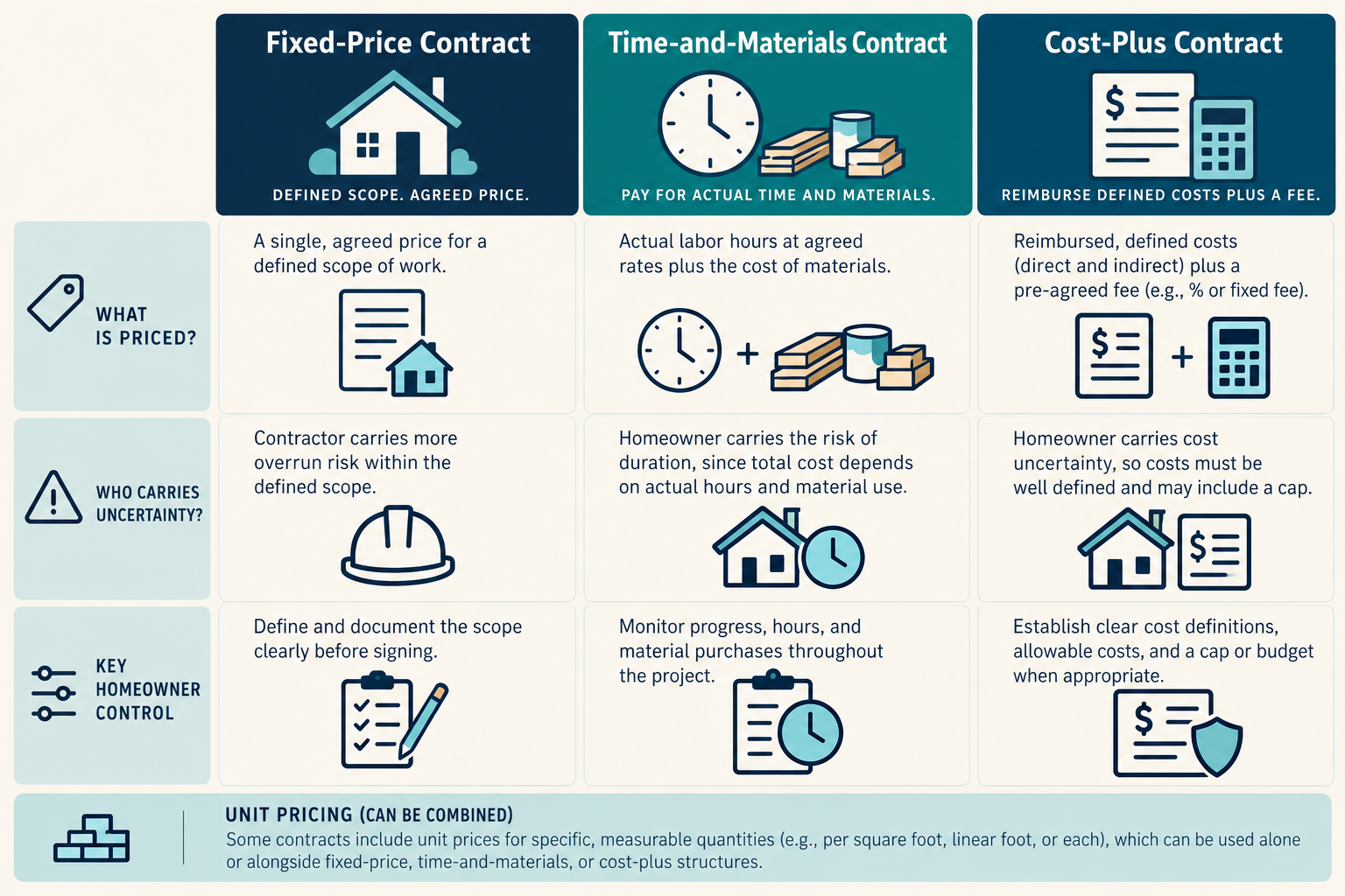 A comparison of fixed-price, time-and-materials, and cost-plus structures by scope and cost uncertainty.