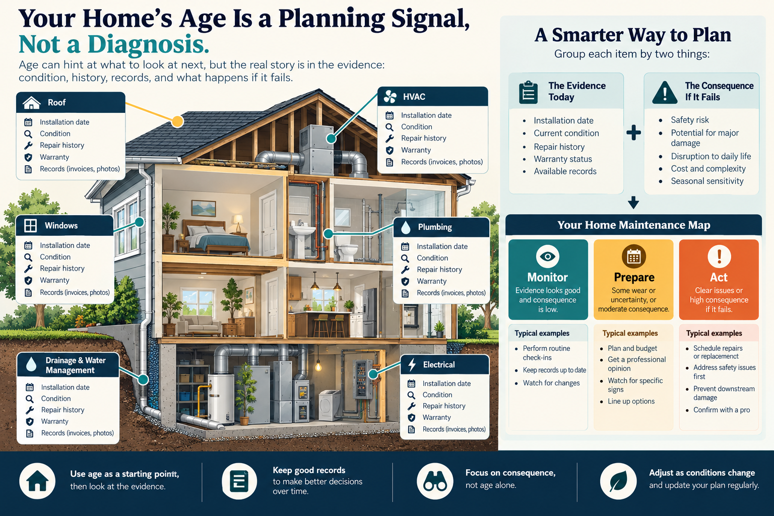 System age is considered alongside condition, records, repair history, and evidence.