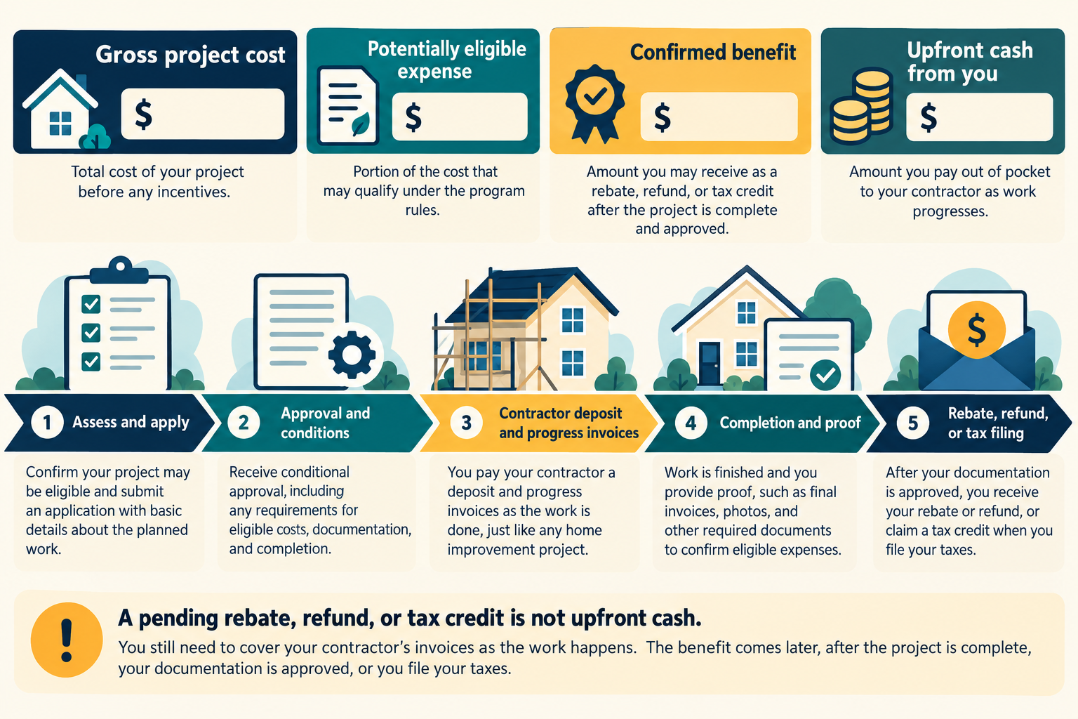 Project invoices may be due before a conditional benefit is approved or paid.