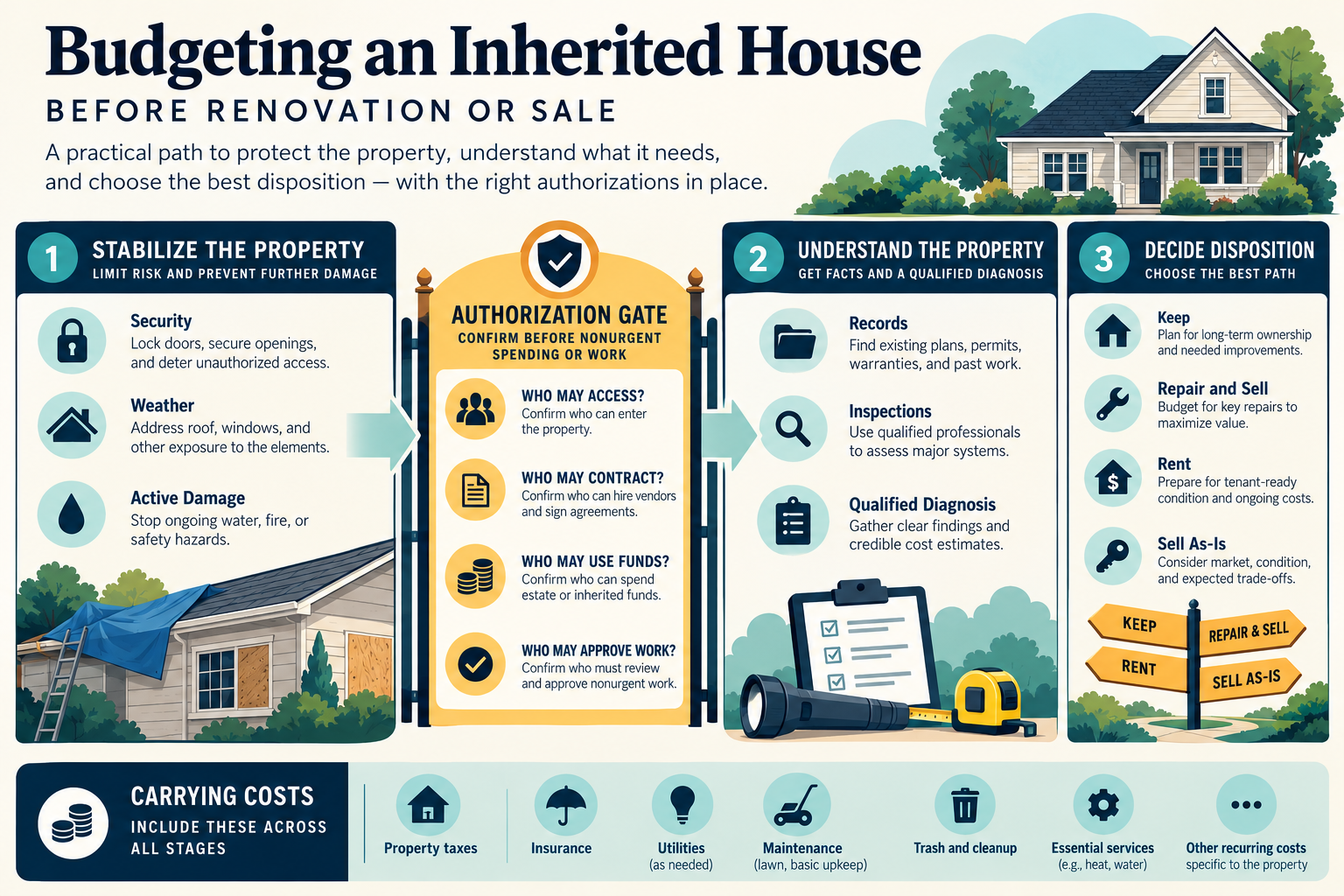 An inherited property moves from stabilization through understanding to an authorized disposition decision.