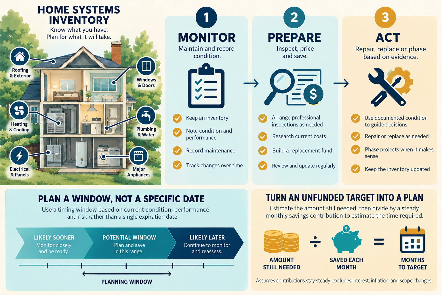 Monitor, prepare, and act planning windows; months to target equals the amount still needed divided by monthly savings, assuming a steady contribution.