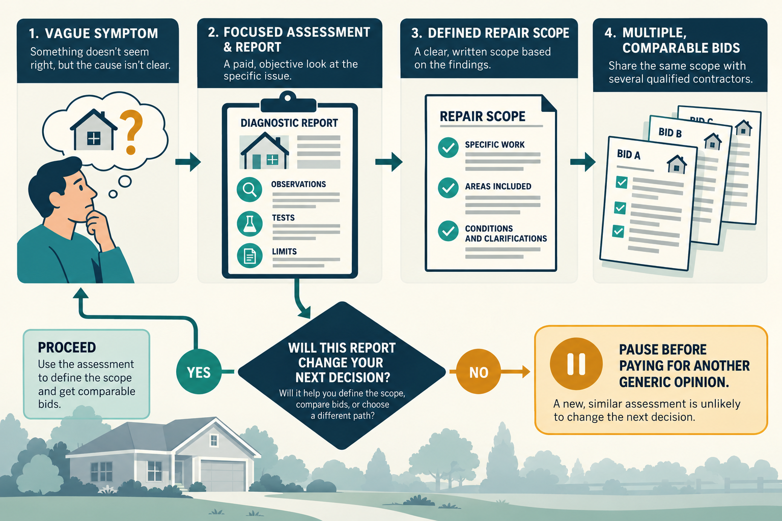 A focused assessment can turn a symptom into a scope that multiple contractors can price.