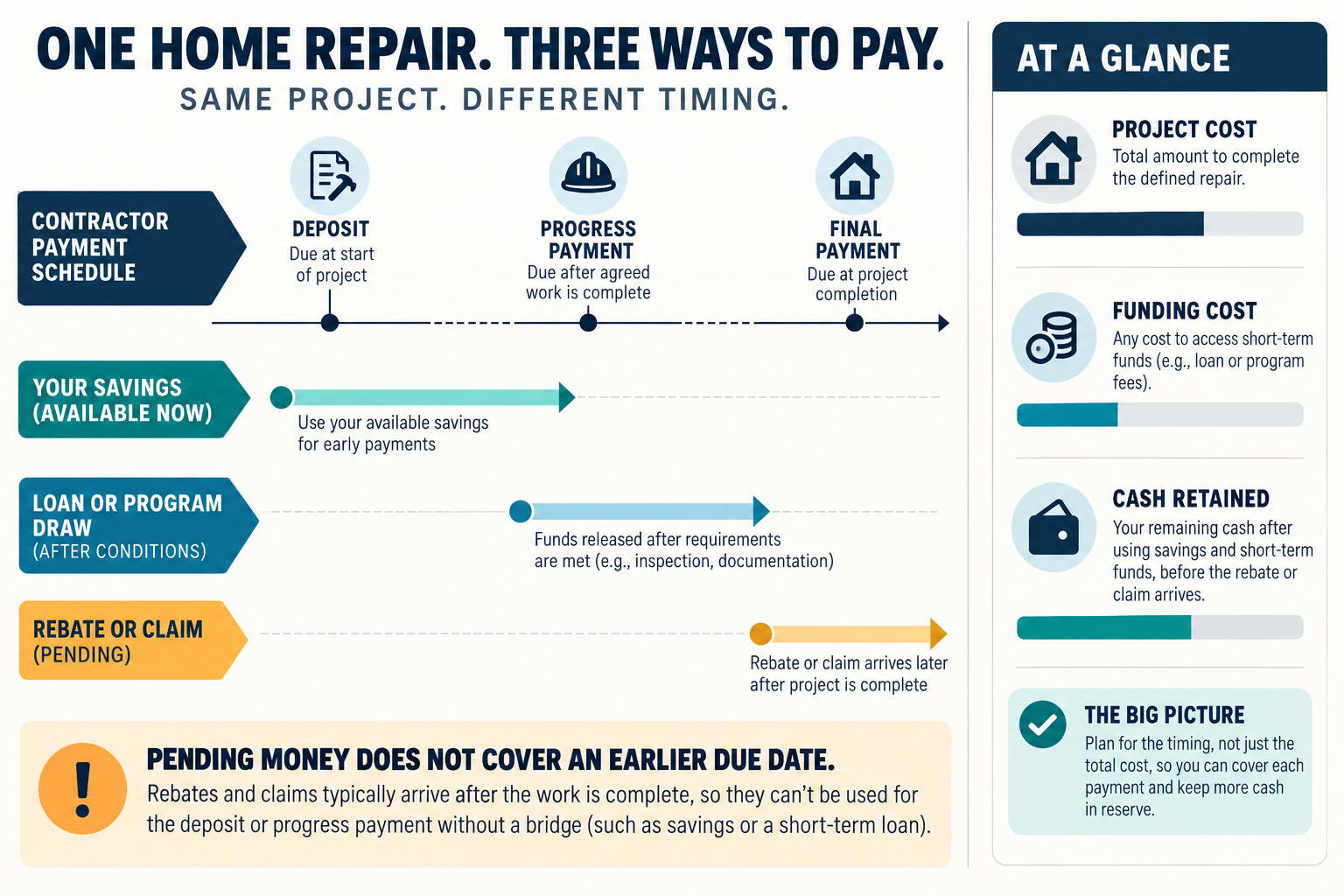 Contractor payment dates aligned with funds that are available, approved, or still pending.