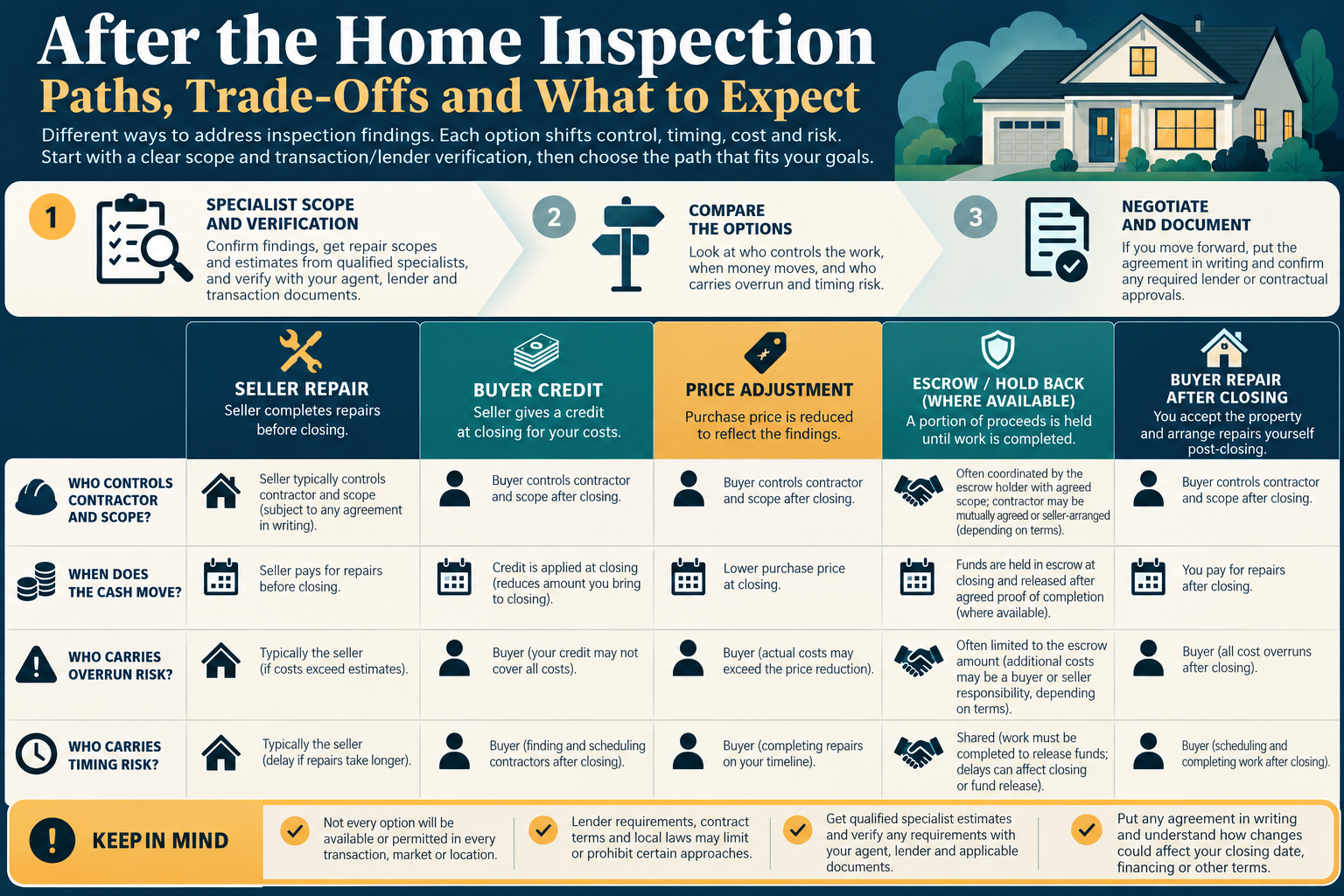 Post-inspection options differ in who controls work, timing, and overrun risk.