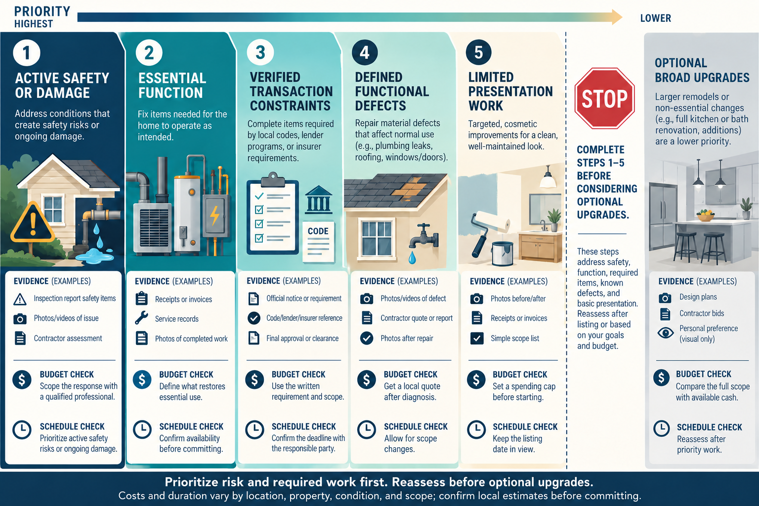 A descending pre-listing priority sequence with evidence examples, project-specific budget and schedule prompts, and a stop before optional broad upgrades; costs and timing require local estimates.