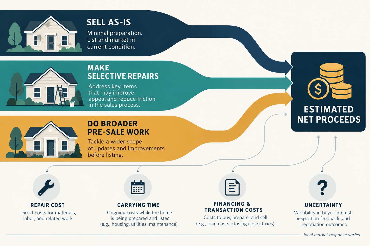 As-is, selective repair, and broader work affect net outcome through different costs and timing.