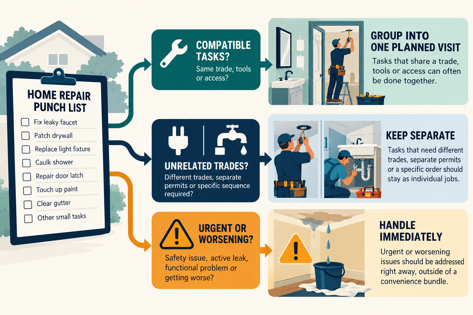 A decision guide for grouping compatible repairs while keeping urgent work separate.