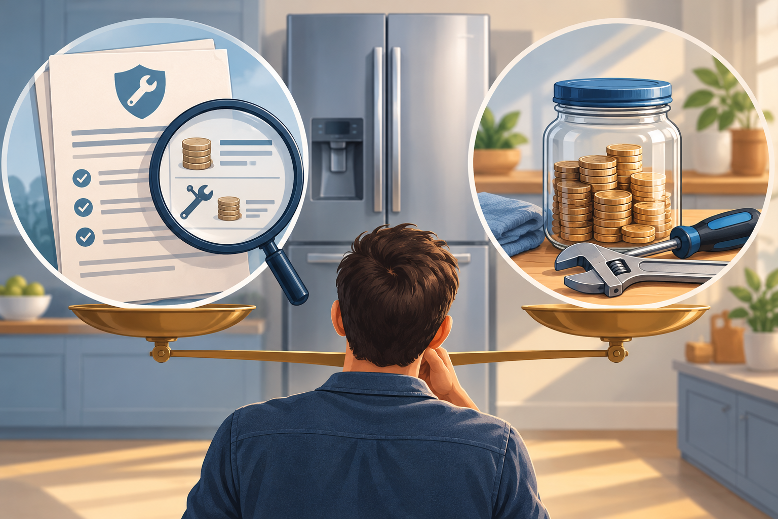 A homeowner compares written service-plan terms against money set aside for appliance repairs.