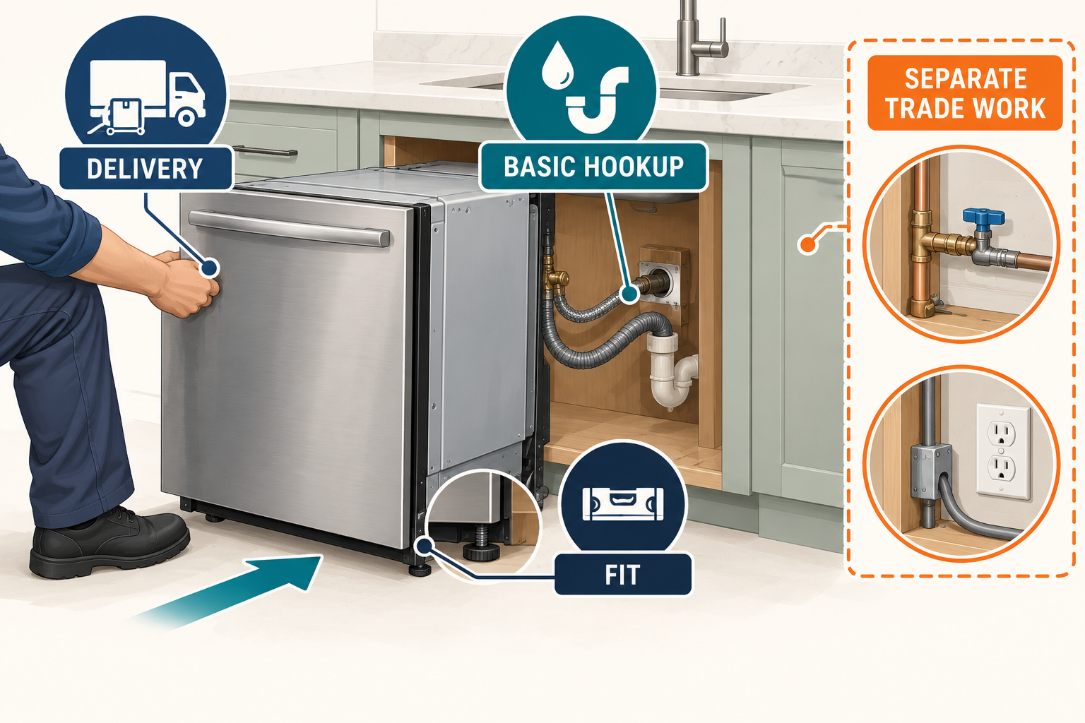A dishwasher replacement illustrates delivery, basic hookup, cabinet fit, and separate plumbing or electrical changes.