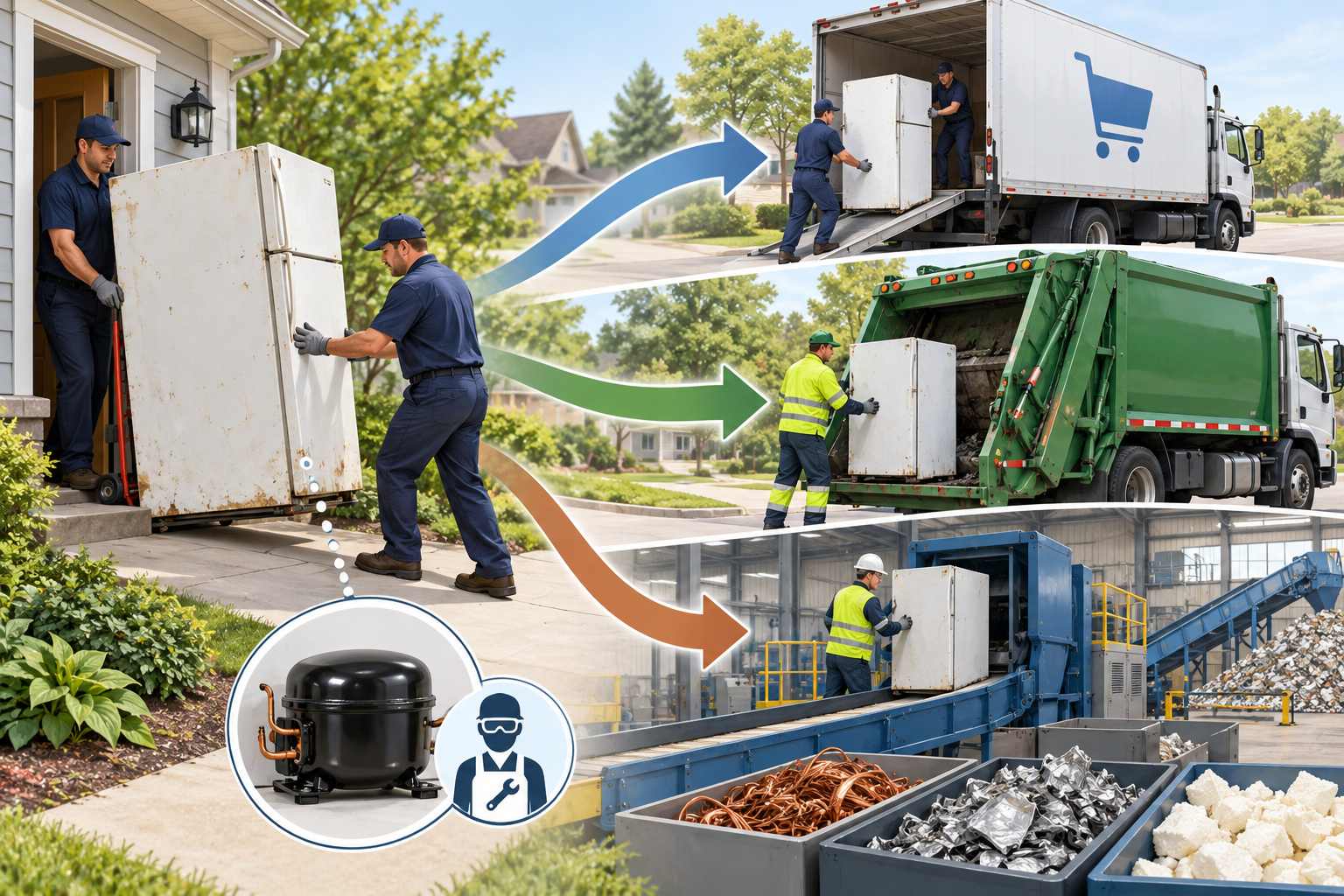 A refrigerator removal route can lead from the home to retailer pickup, municipal collection, or a recycling facility.