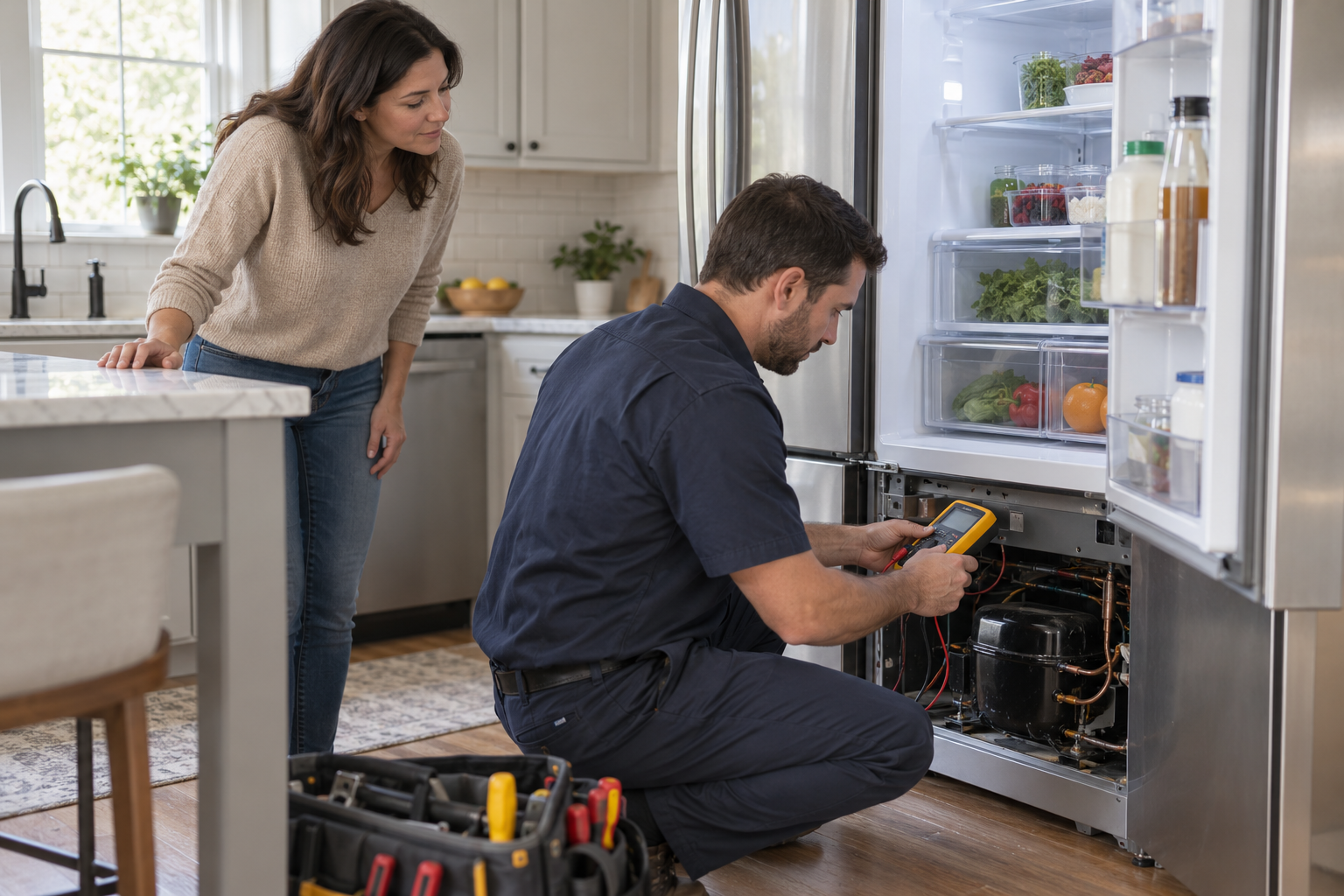An appliance technician checks an open refrigerator with a diagnostic meter while the homeowner observes.