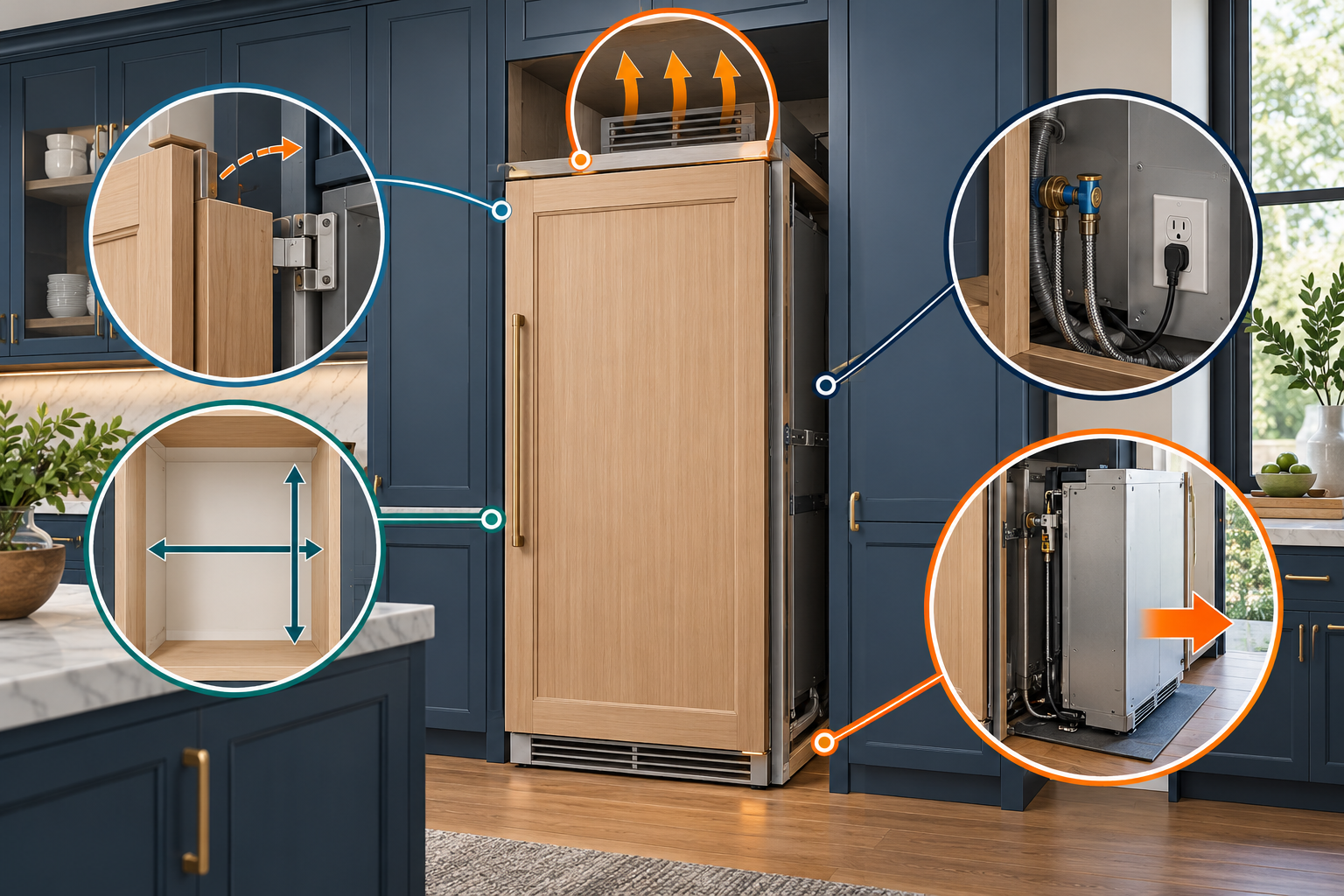 A panel-ready built-in refrigerator highlights its cabinet opening, hinge clearance, ventilation, connections, and pull-out service access.