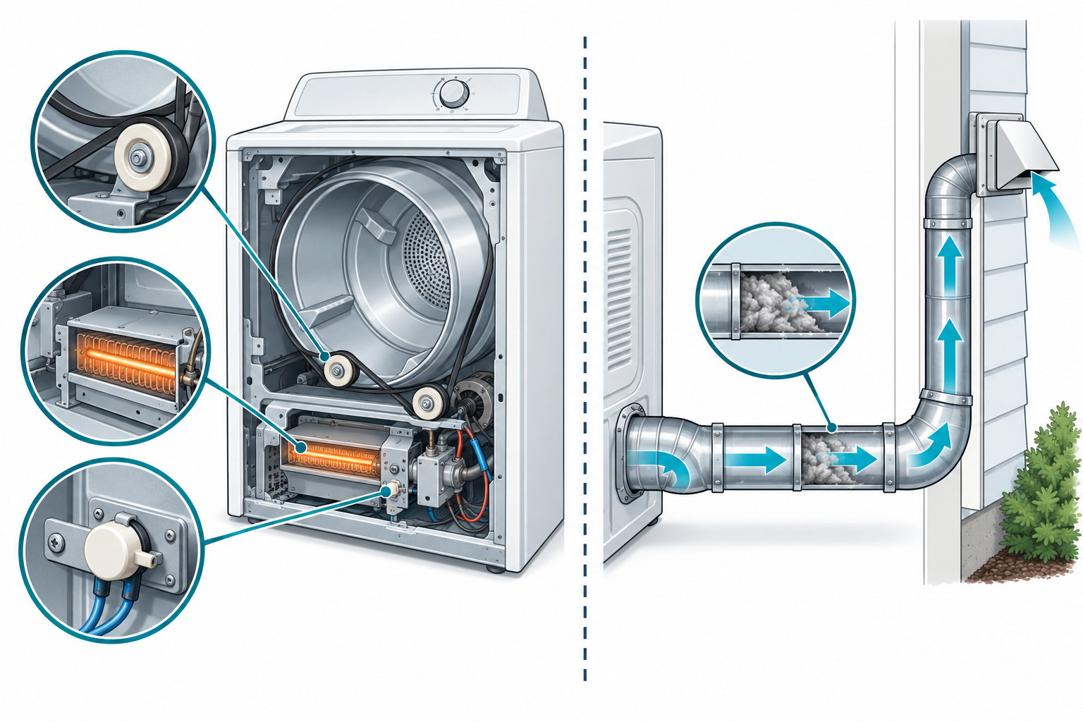 Dryer repair diagnosis can involve internal components or a separate restricted exhaust path.
