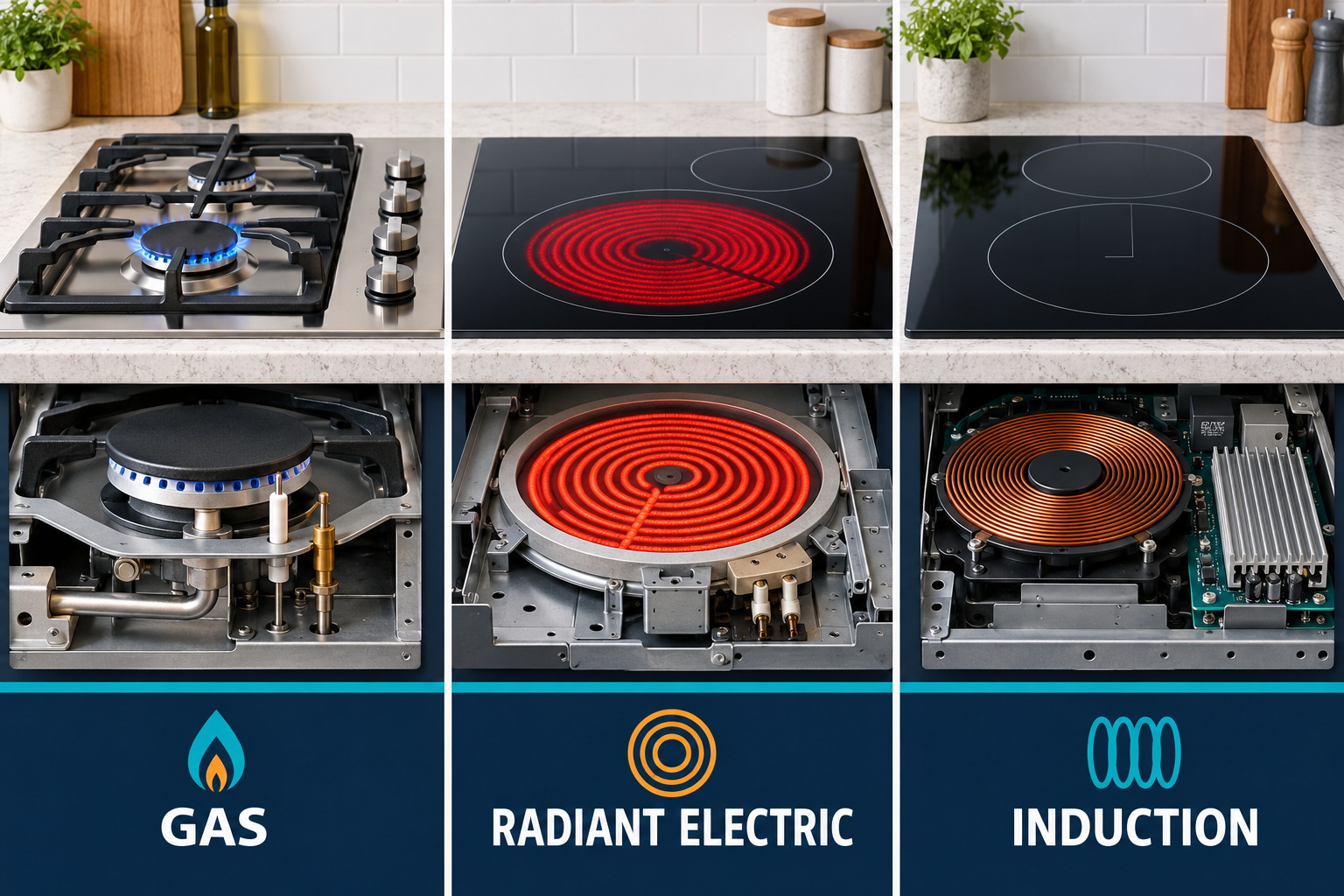 Gas, radiant-electric, and induction cooktops use different visible heating surfaces and underlying components.