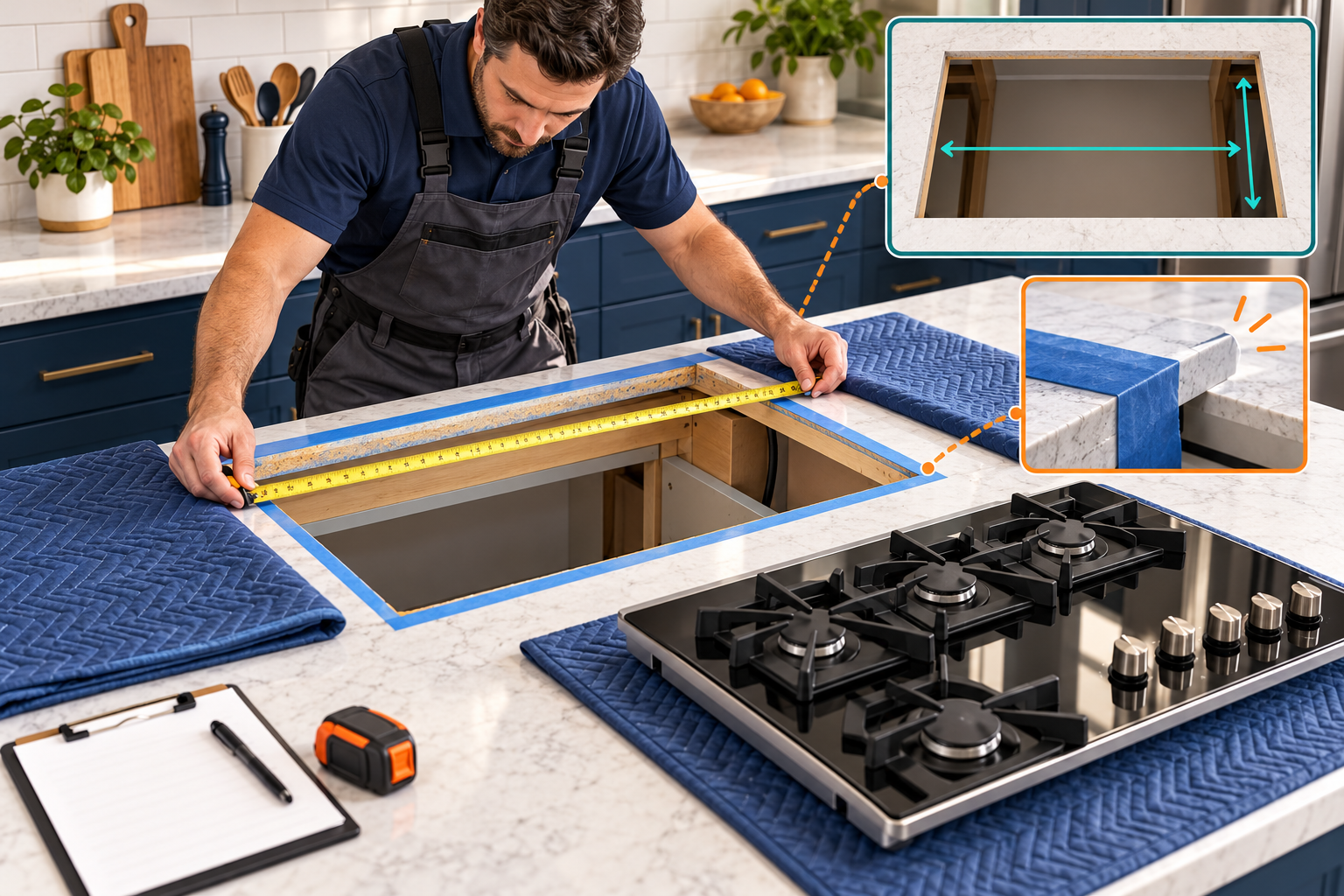A professional measures a cooktop cutout and protects the surrounding countertop before replacement.