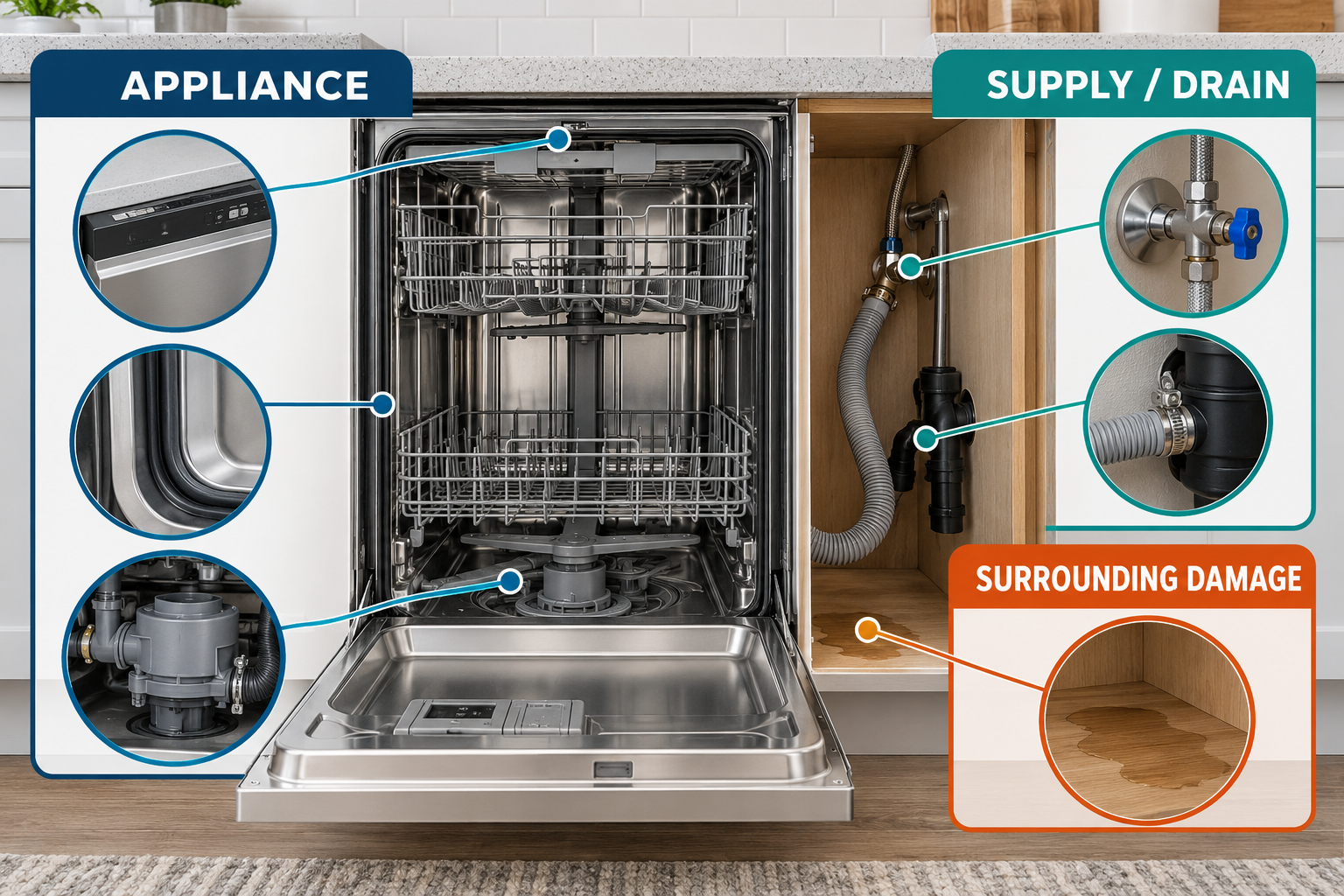 A dishwasher cutaway separates appliance parts from the household supply and drain and shows possible surrounding cabinet damage.