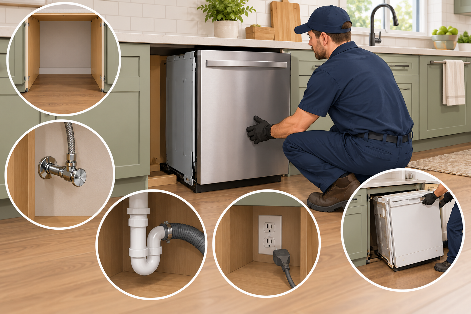 Dishwasher replacement scope includes the opening, connections, floor condition, and removal of the old unit.
