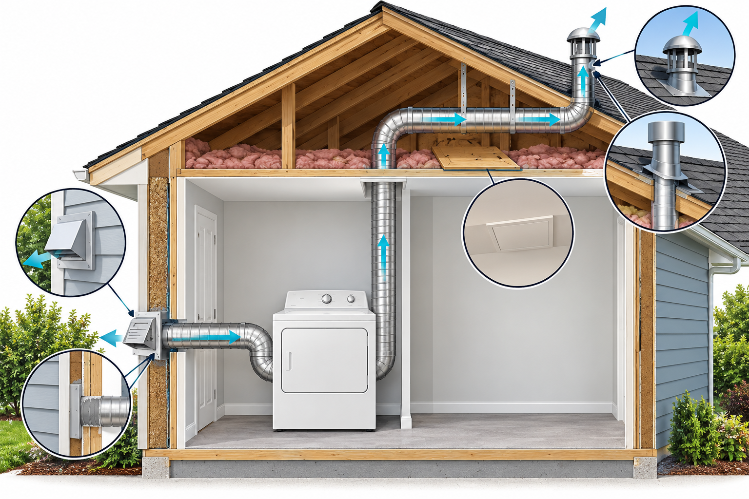 A dryer exhaust route can be a short wall connection or a longer path through an attic to a roof termination.