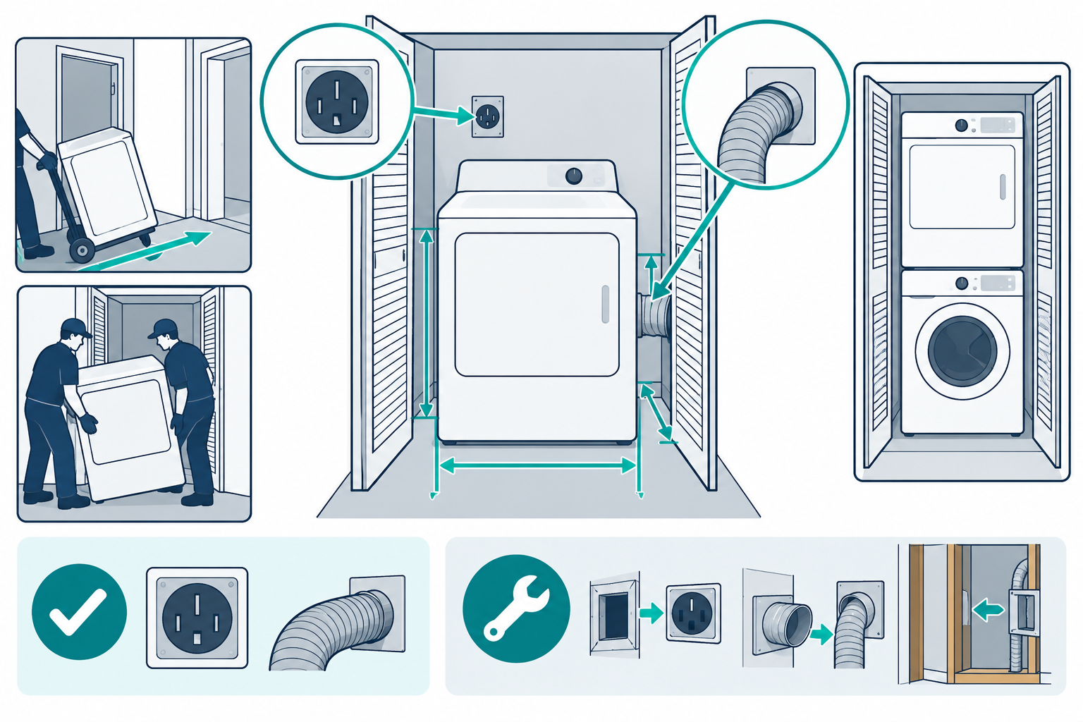 Replacing an electric dryer involves room fit, a compatible outlet and exhaust, delivery access, and removal.