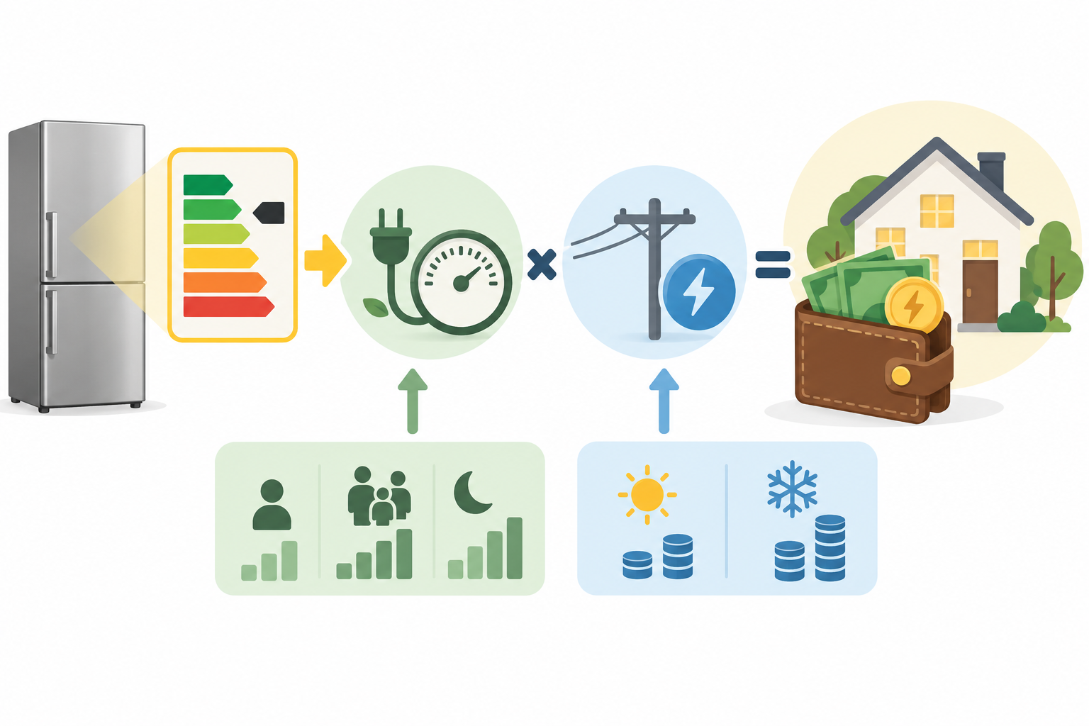 An appliance energy-use label is combined with household use and a local utility rate to estimate operating cost.