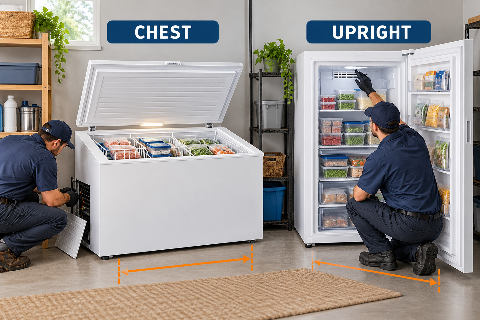 Chest and upright freezers have different storage layouts, service access, and moving clearances.