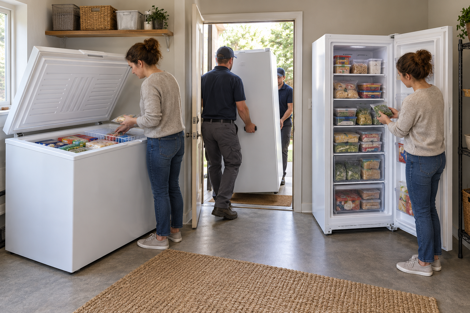 Chest and upright freezers differ in storage access, clearance, and delivery requirements.