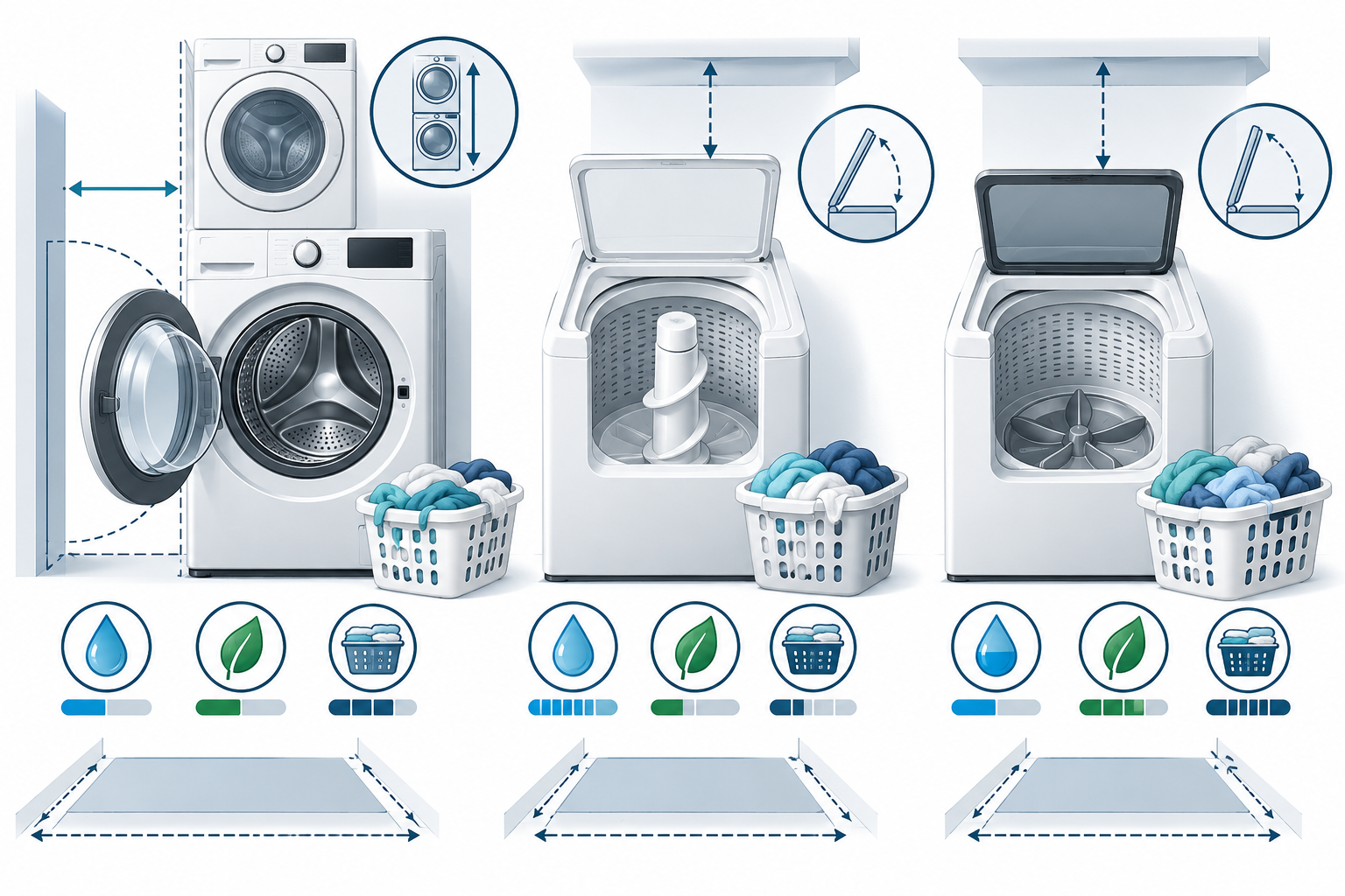 Front-load, top-load agitator, and top-load impeller washers have different room-fit and ownership considerations.