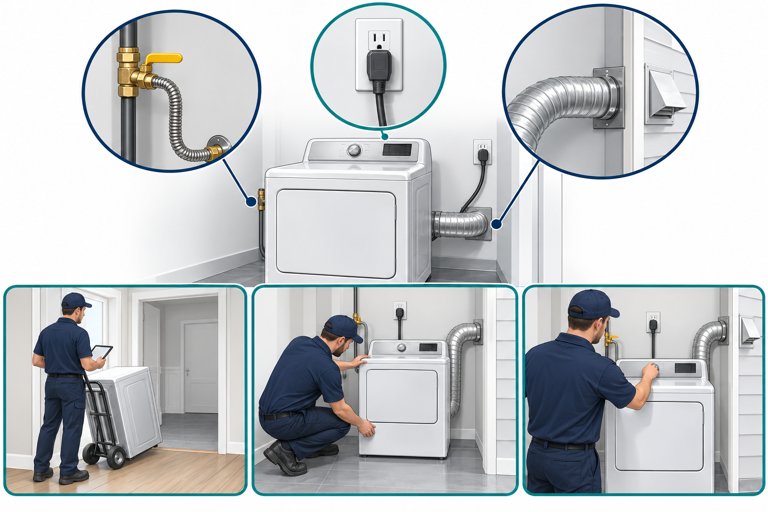 A gas dryer replacement has separate fuel, electrical, and exhaust connections that require qualified installation.