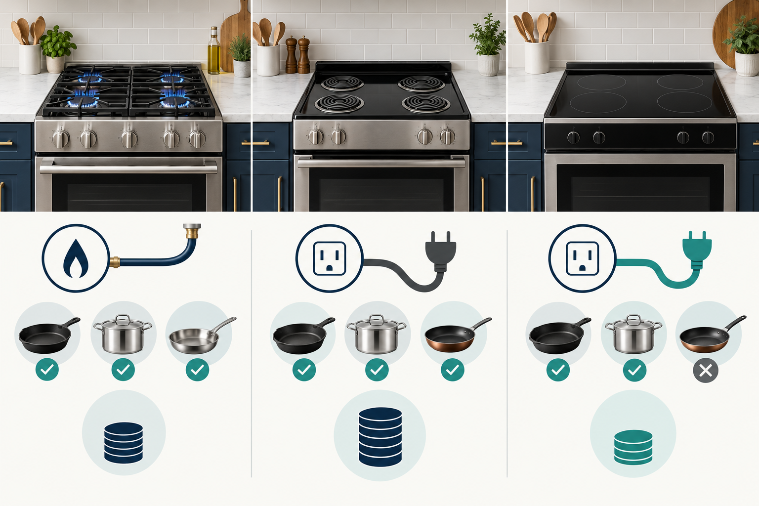 Gas, conventional electric, and induction ranges can have different utility, cookware, and project requirements.