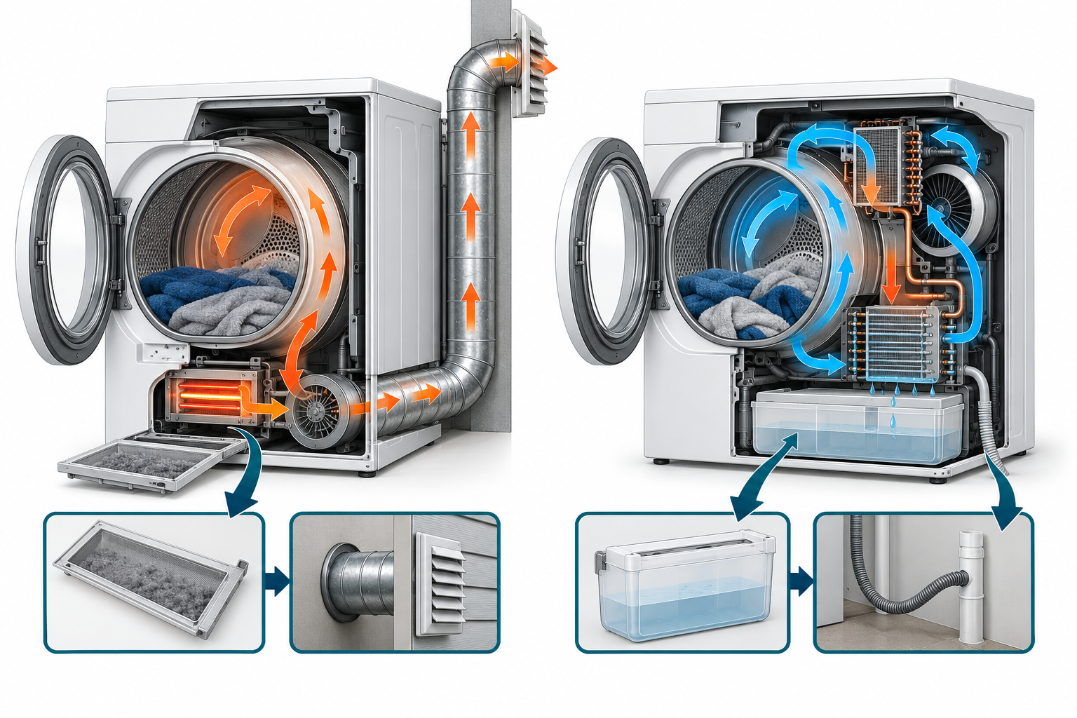 Conventional dryers exhaust air outdoors, while heat-pump dryers recirculate heat and collect or drain condensate.