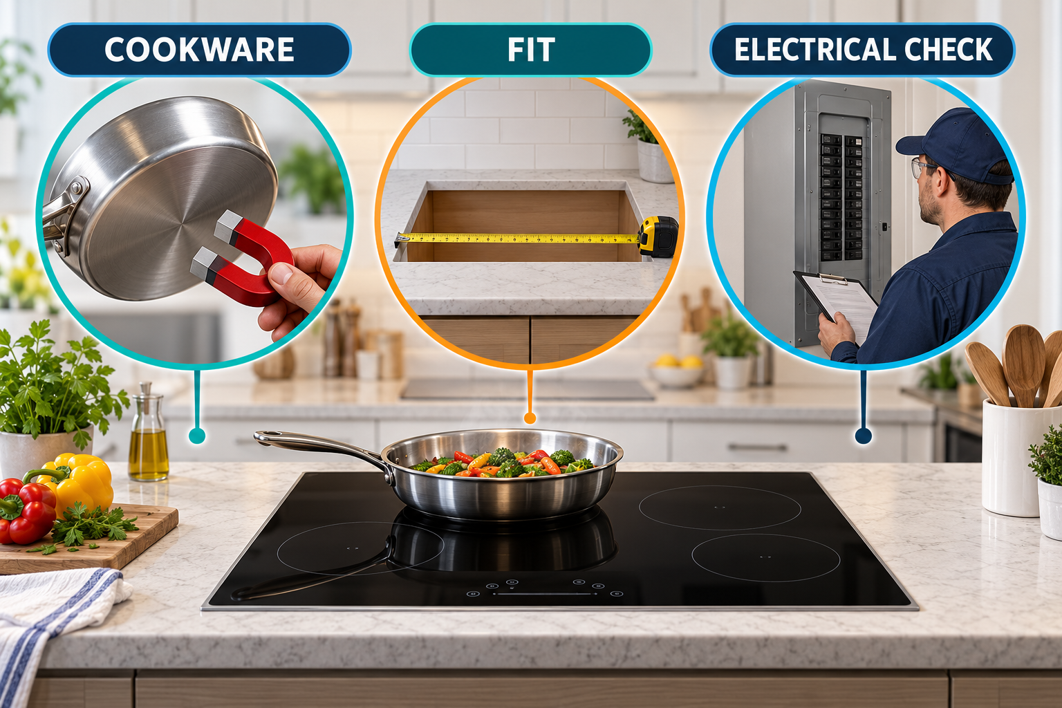 Induction planning checks cookware compatibility, countertop fit, and electrical service with a qualified assessment.