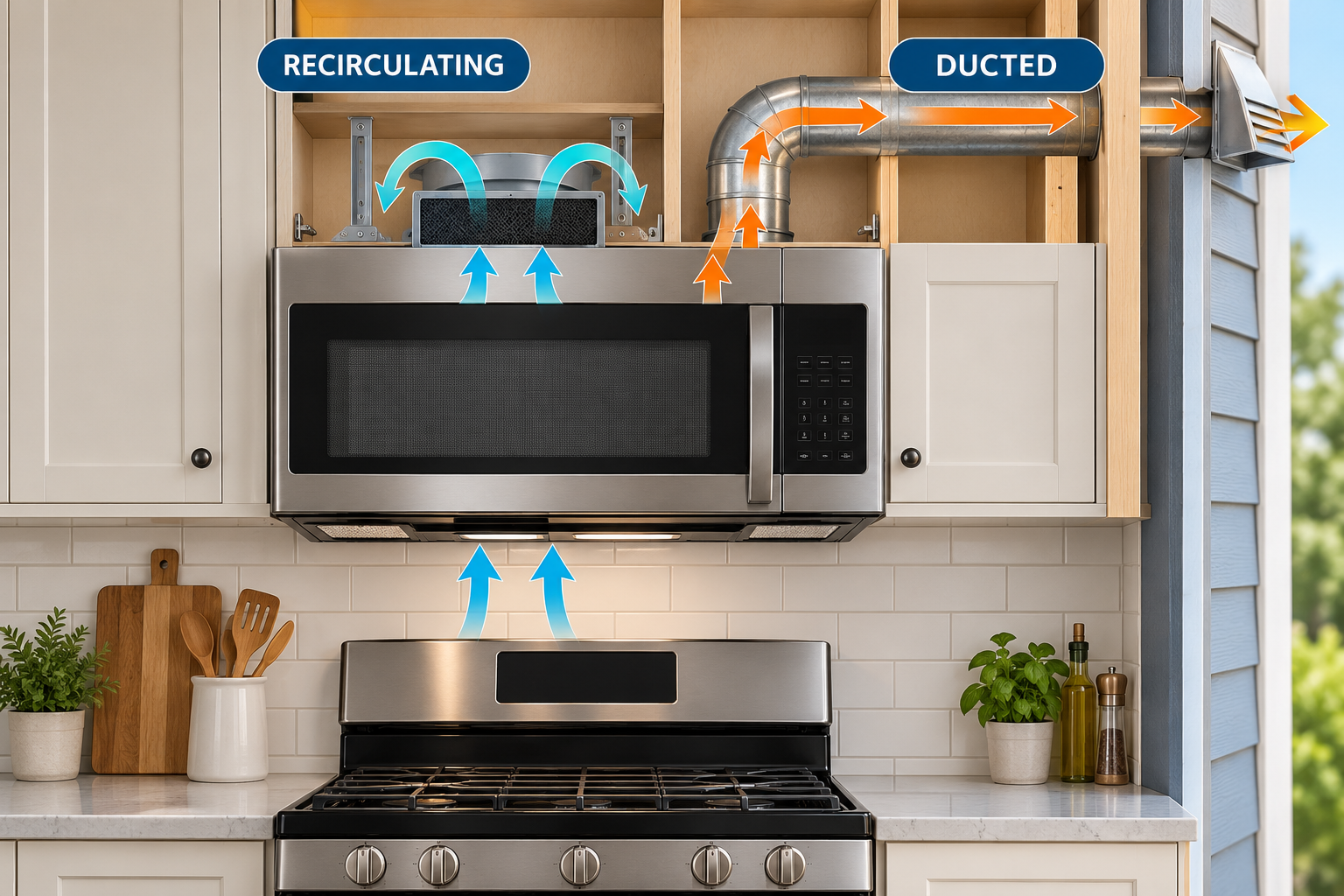 An over-the-range microwave shows a recirculating filter path and a separate ducted exhaust path.