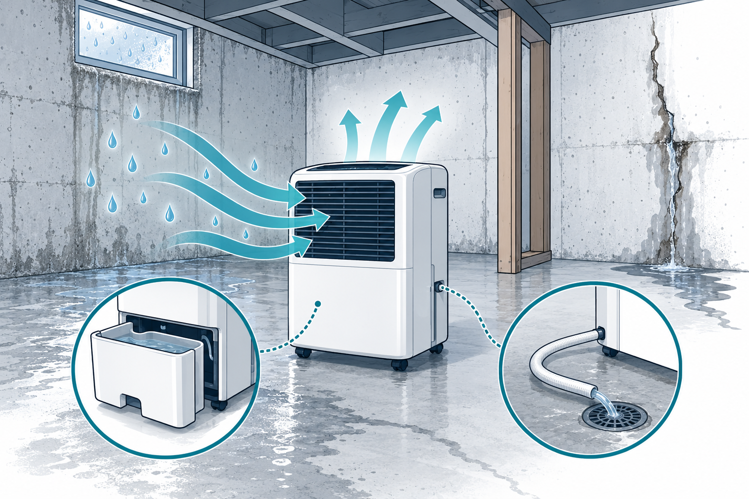 A portable dehumidifier collects room moisture by bucket or drain hose, while a building leak remains a separate problem.