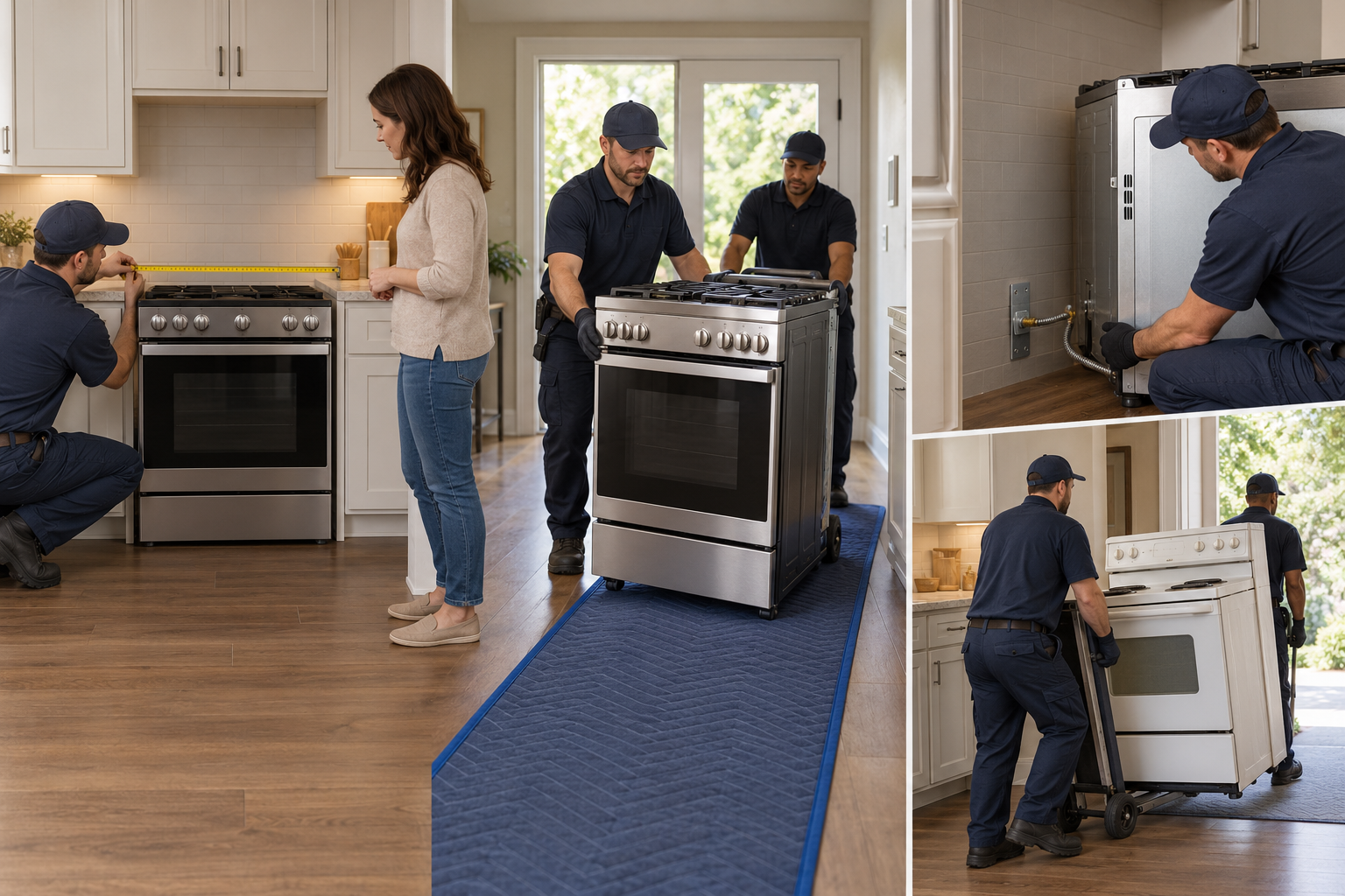 A range replacement includes checking fit, protecting the delivery route, and arranging qualified utility connection.