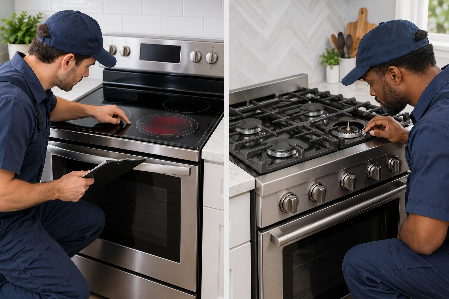 A technician inspects an electric cooktop and a separate gas range, which have different failure groups.