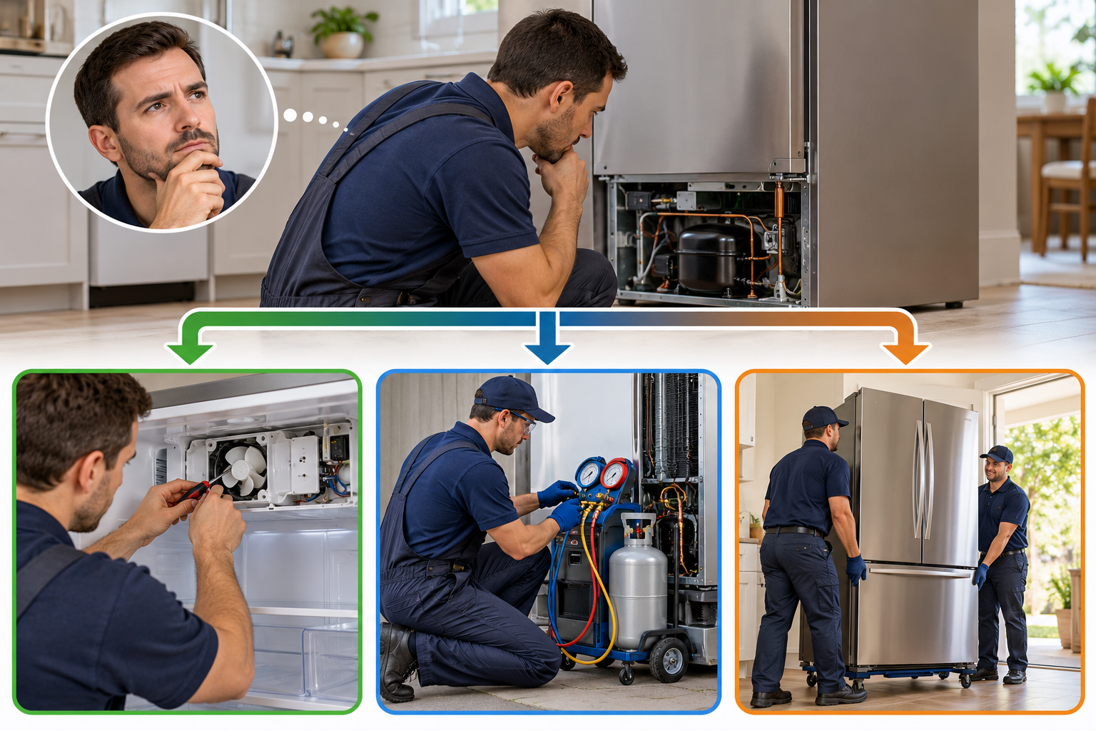 Diagnosis can lead to a contained component repair, specialized sealed-system service, or refrigerator replacement.